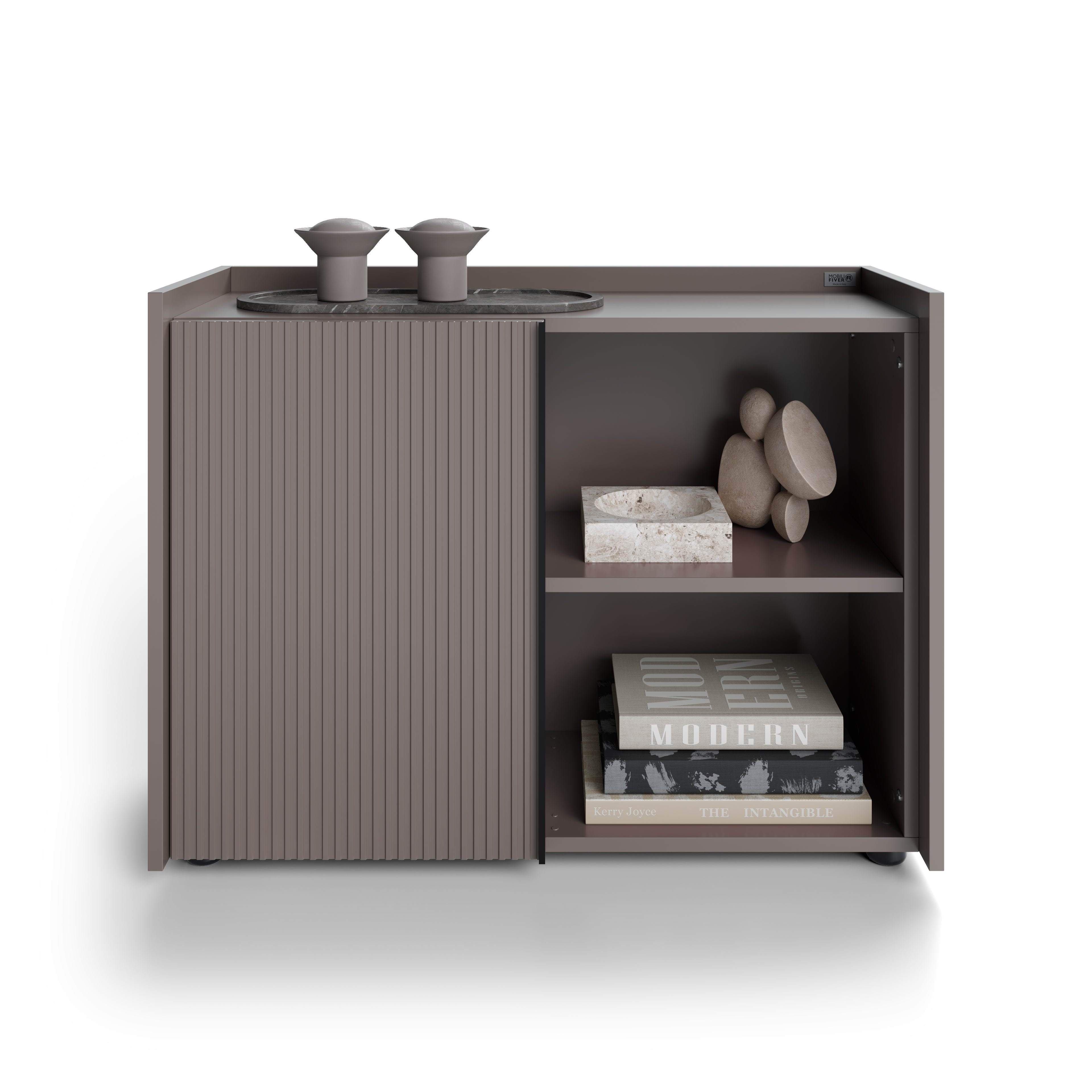 Buffet bas cannelé Romina (93,6x36x70 cm), 1 Porte, Gris Bleuté - Main image