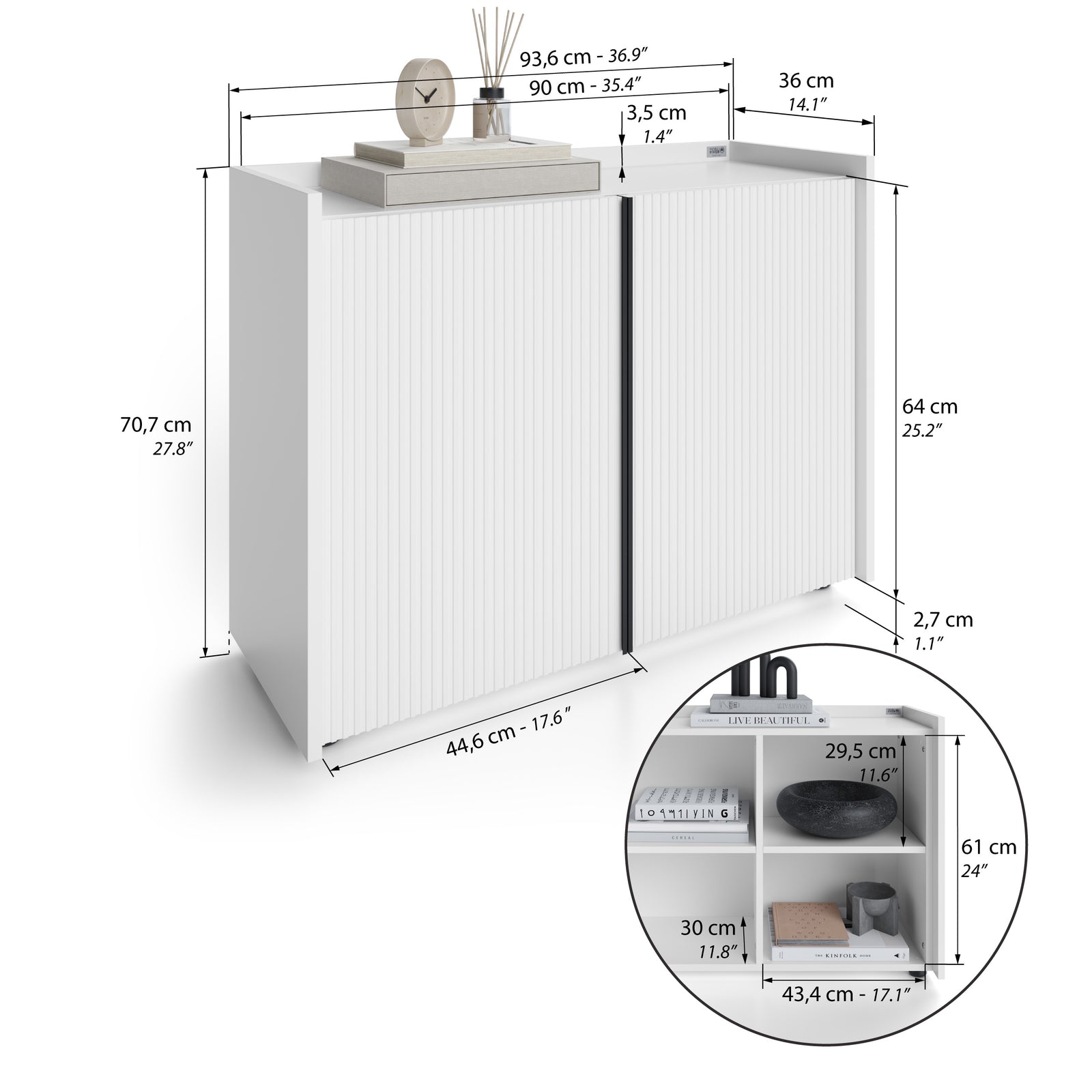 Buffet bas cannelé Romina (93,6x36x70 cm), 2 Portes, Blanc Mat - Immagine tecnica 1