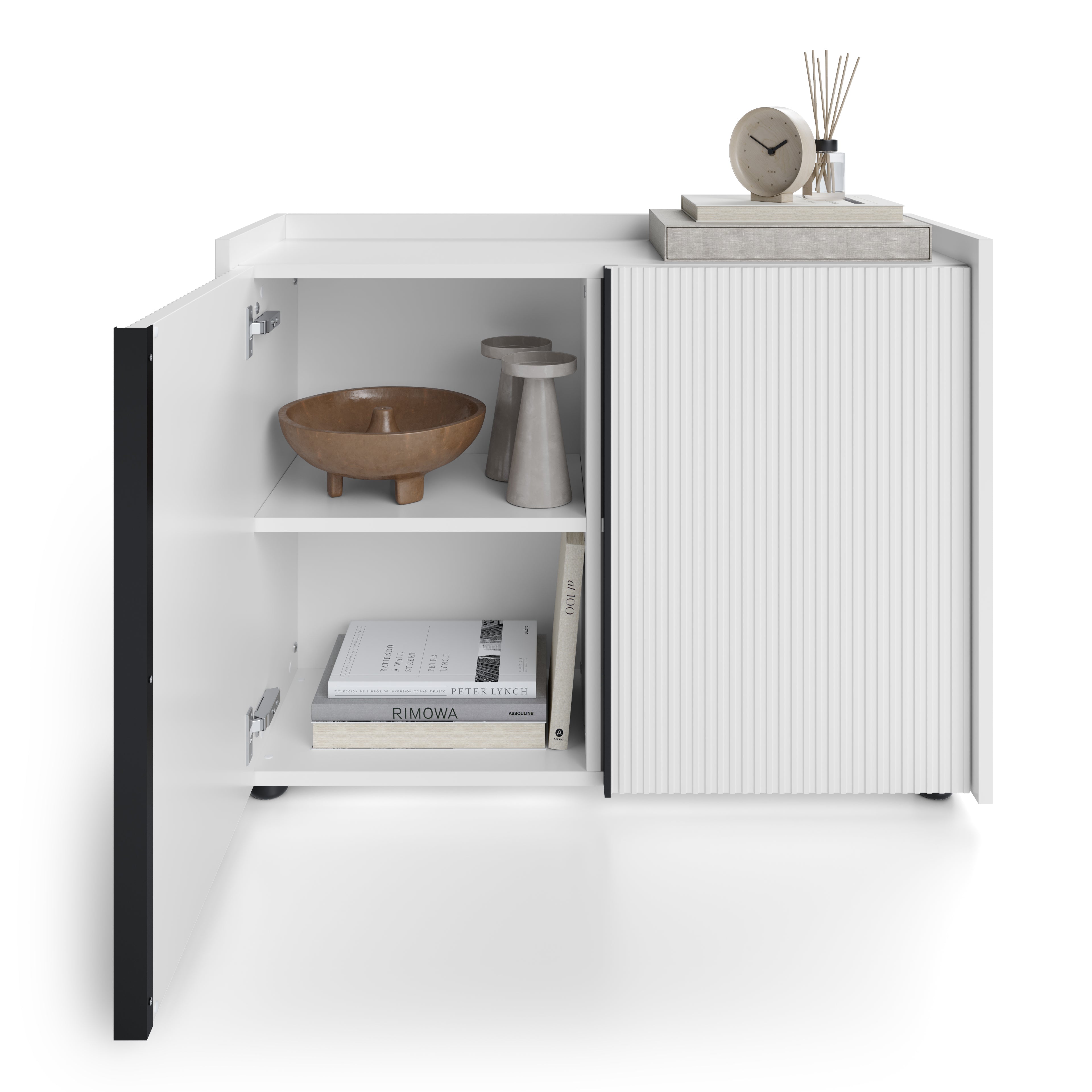 Buffet bas cannelé Romina (93,6x36x70 cm), 2 Portes, Blanc Mat