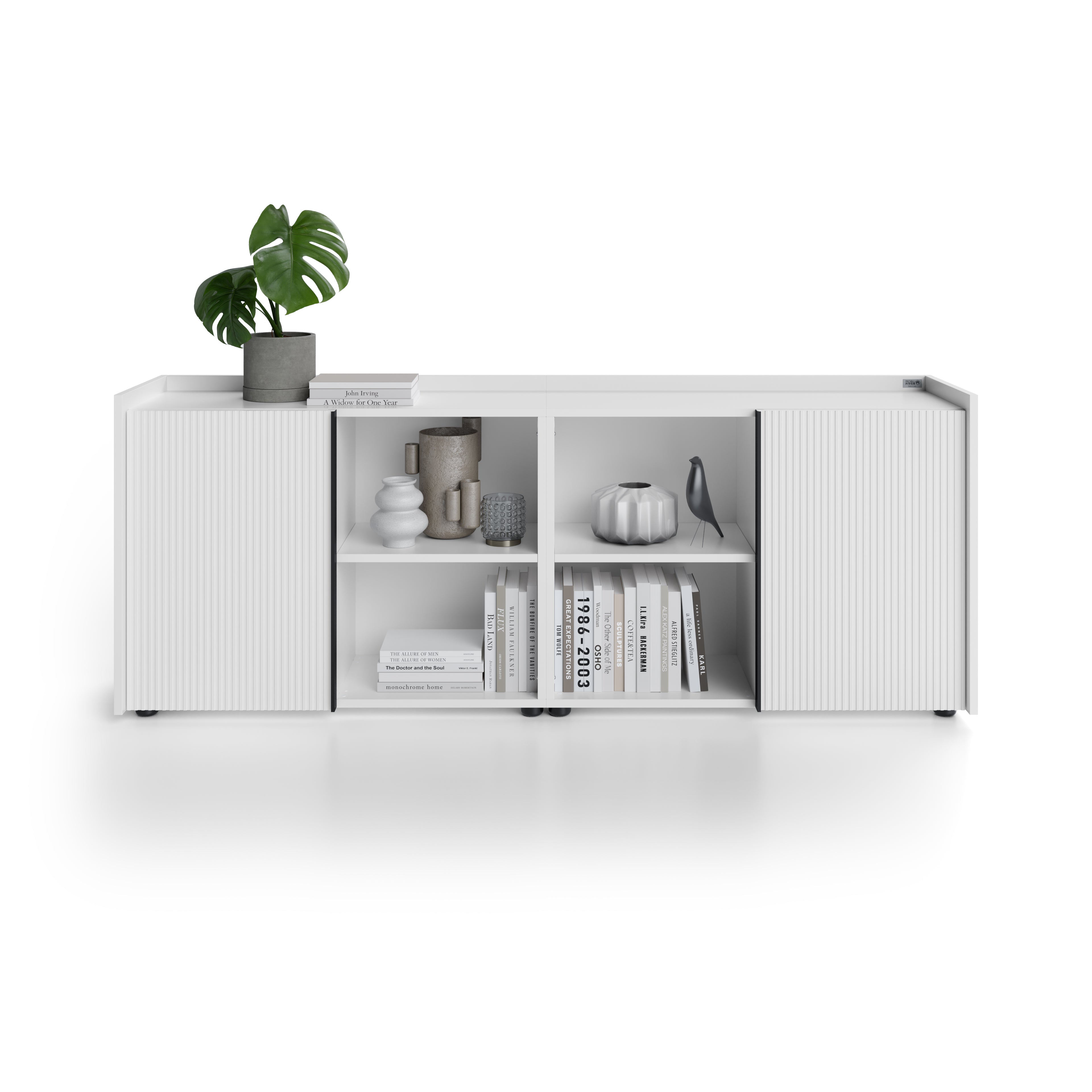 Buffet bas cannelé Romina (183,6x36x70 cm), 2 Portes, Blanc Mat - Main image