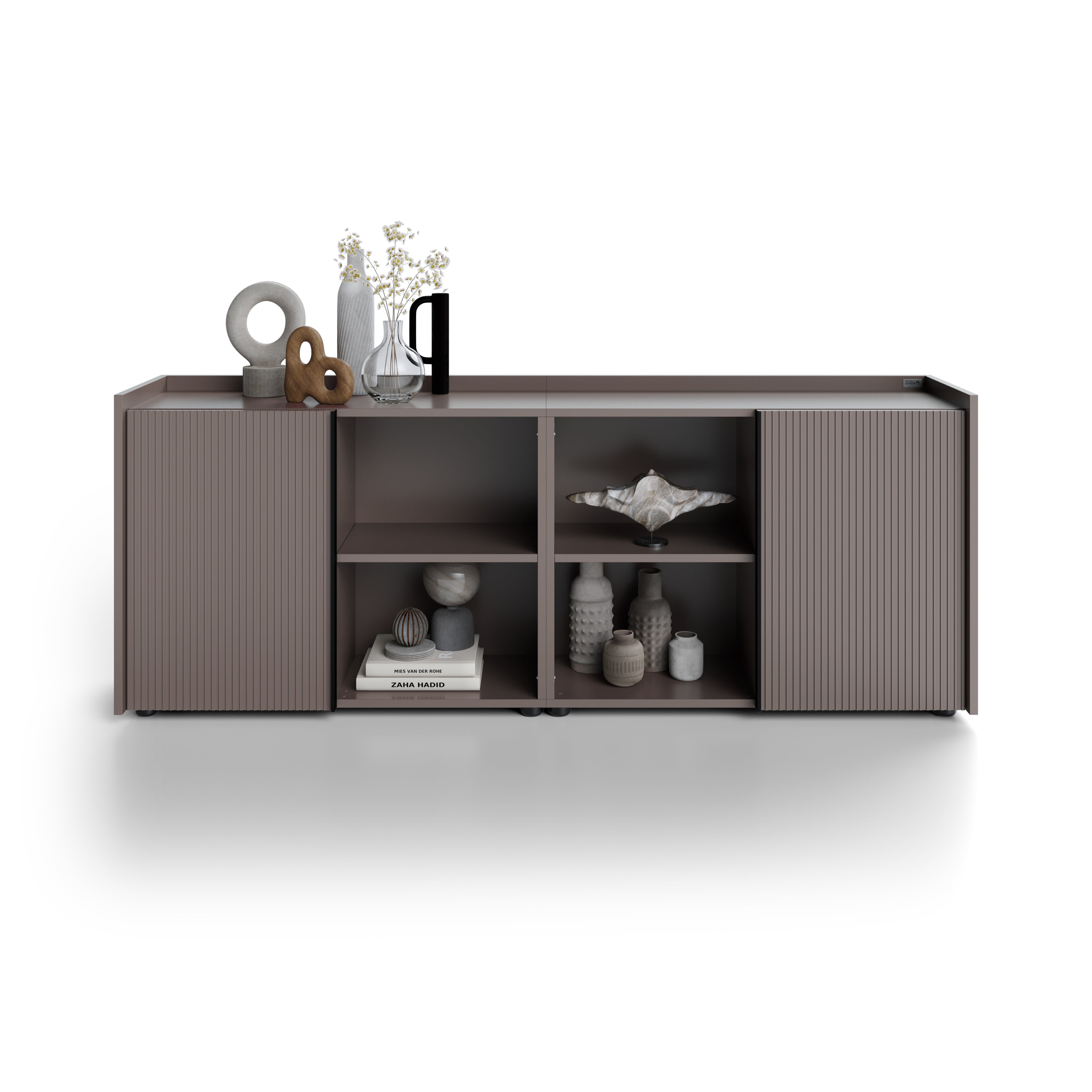 Buffet bas cannelé Romina (183,6x36x70 cm), 2 Portes, Gris Bleuté