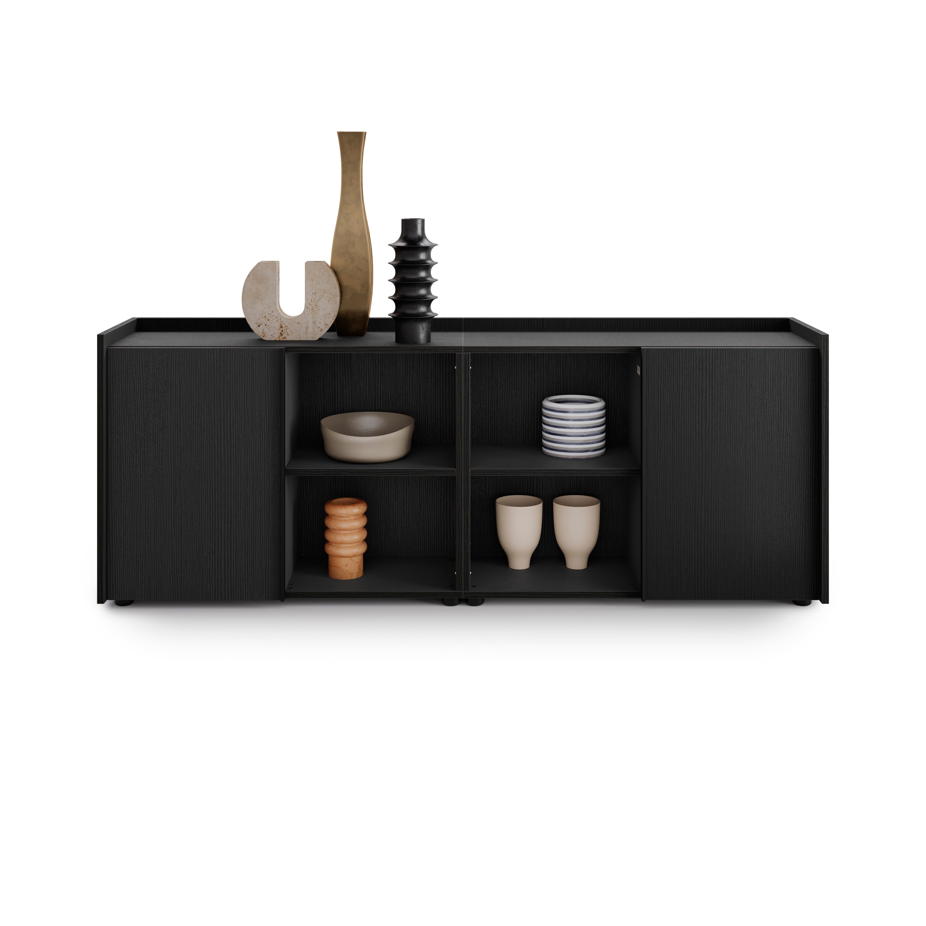 Meuble Bas Romina (183,6x36x70 cm), 2 Portes, Frêne Noir