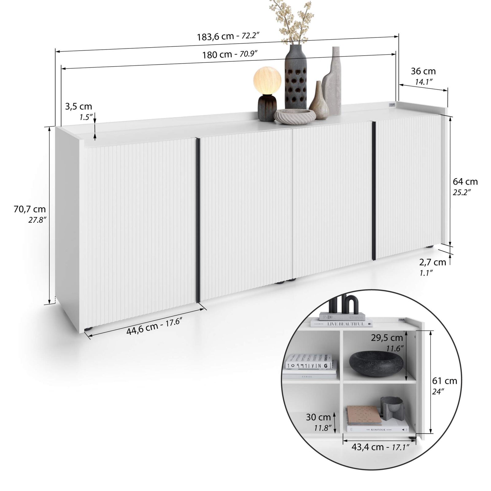 Niedriges gerilltes Sideboard Romina (183,6x36x70 cm), 4 Türen, Weiß Matt - Immagine tecnica 1