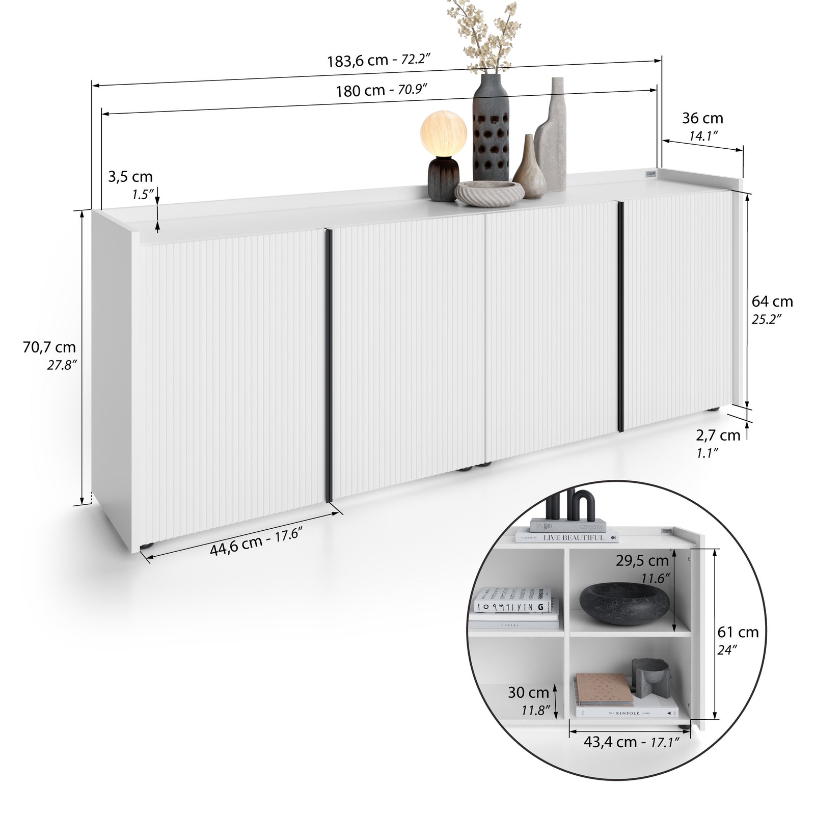 Romina Low Fluted Sideboard (183.6x36x70 cm), 4 Doors, Opaque White - Immagine tecnica 1