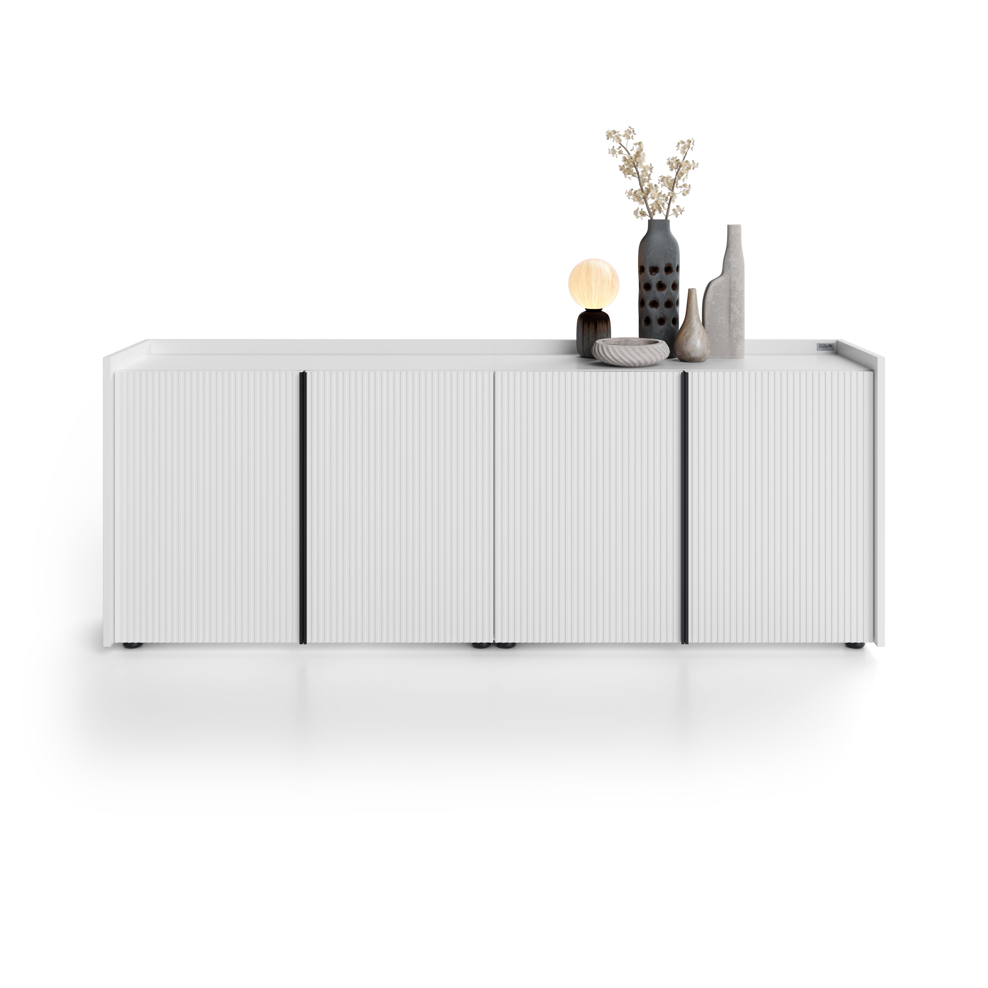 Buffet bas cannelé Romina (183,6x36x70 cm), 4 Portes, Blanc Mat