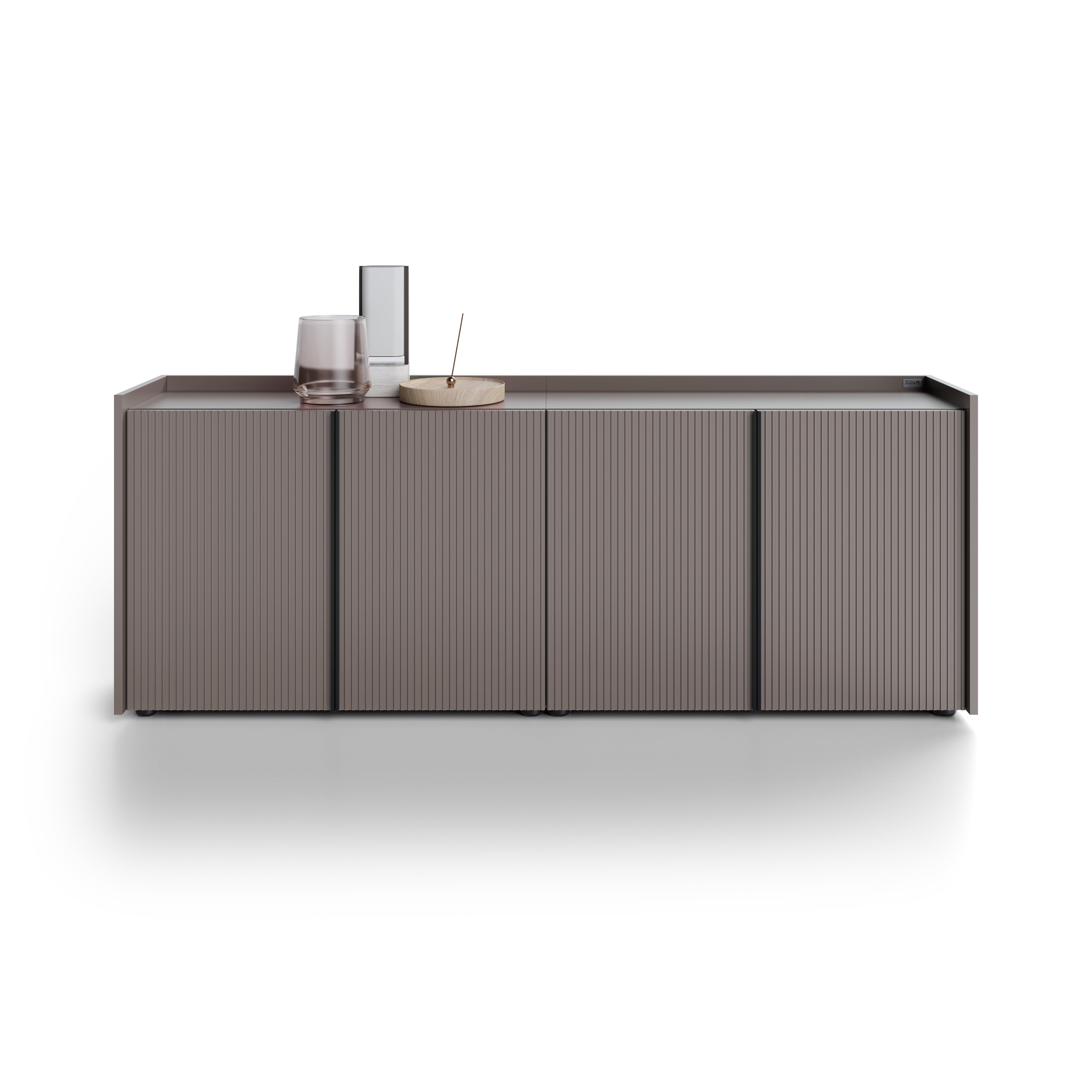 Buffet bas cannelé Romina (183,6x36x70 cm), 4 Portes, Gris Bleuté