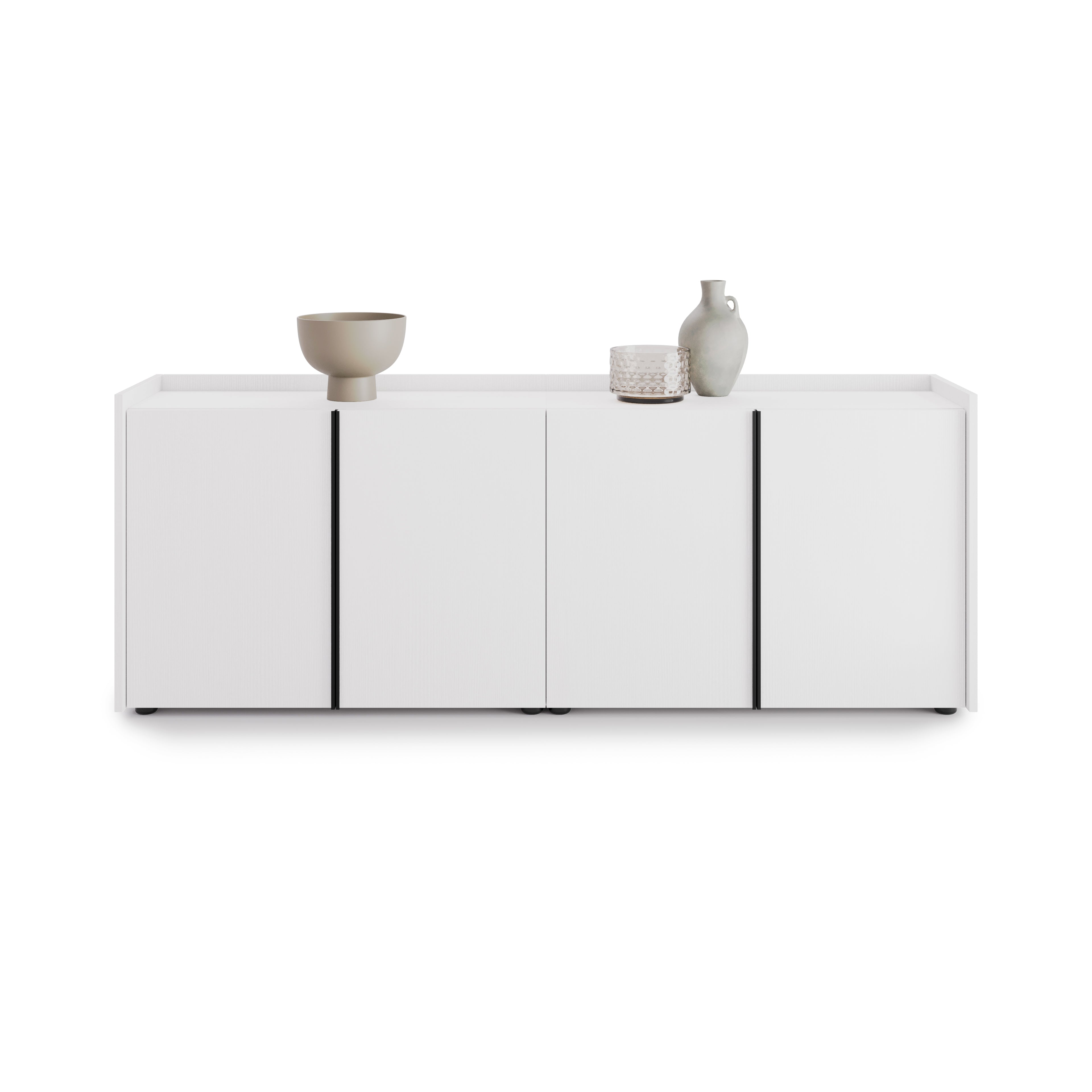 Meuble Bas Romina (183,6x36x70 cm), 4 Portes, Frêne Blanc