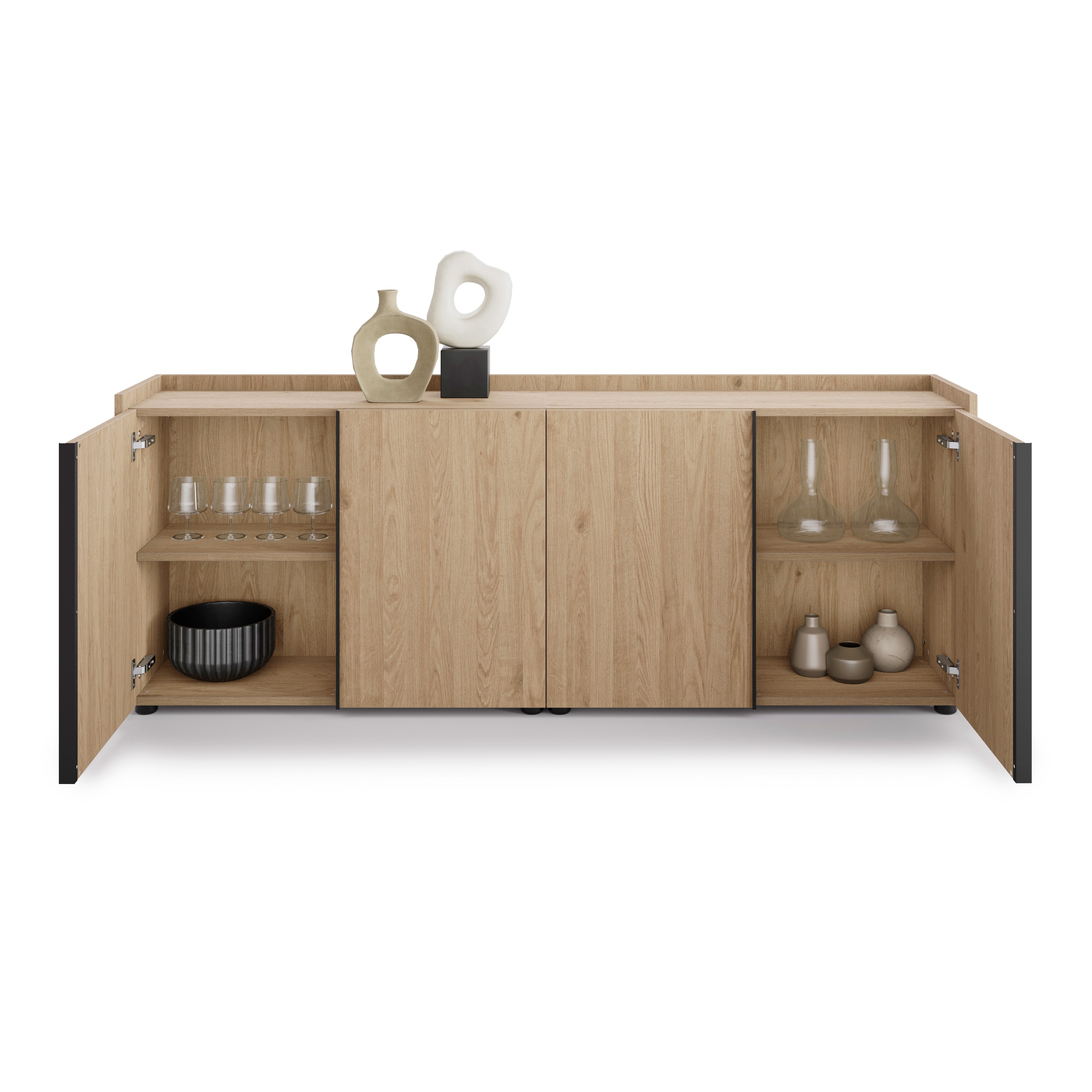 Romina Low Sideboard (72.28x14.17x27.55 in), 4 Doors, Light Oak - Detail image 1