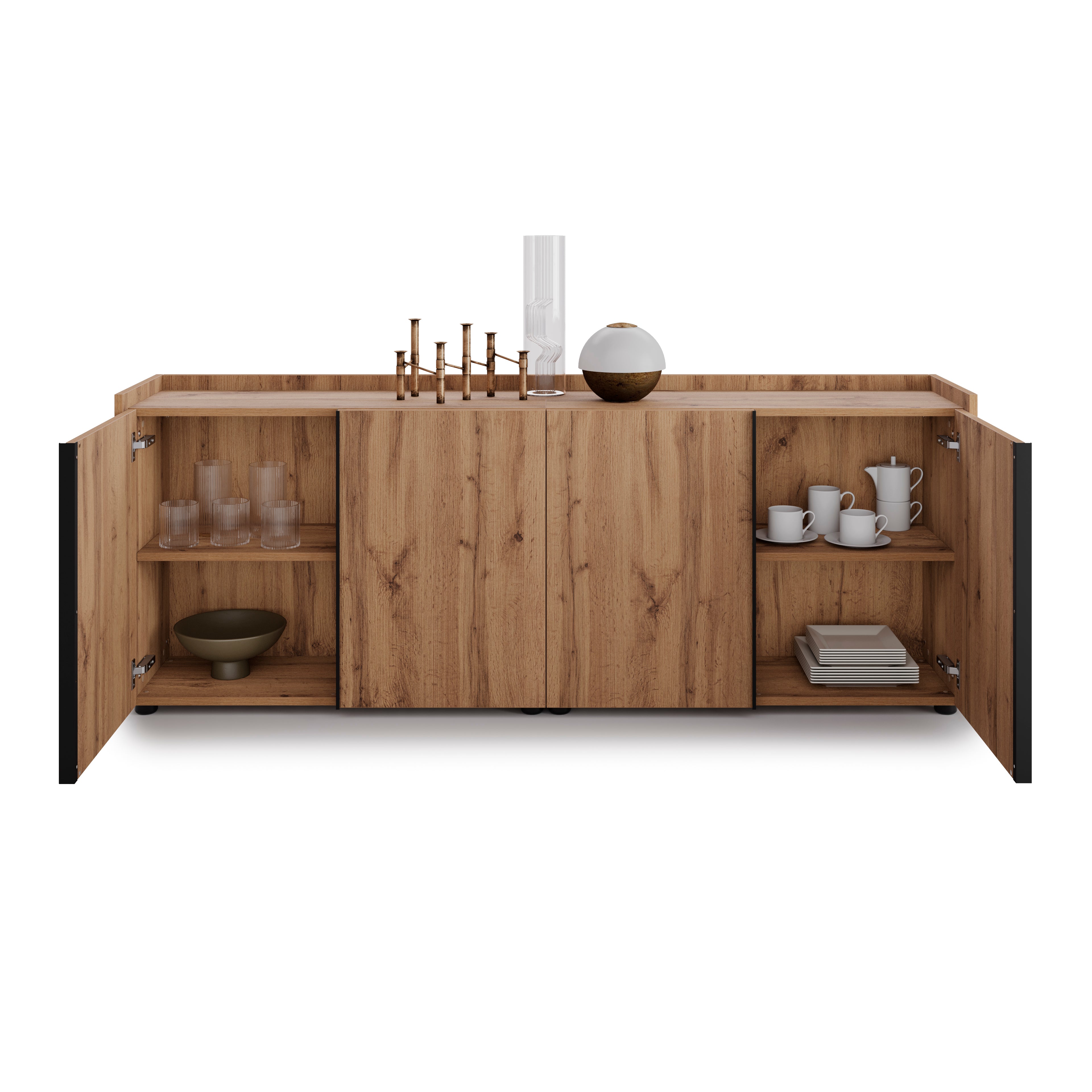 Romina Low Sideboard (72.28x14.17x27.55 in), 4 Doors, Rustic Oak - Detail image 1