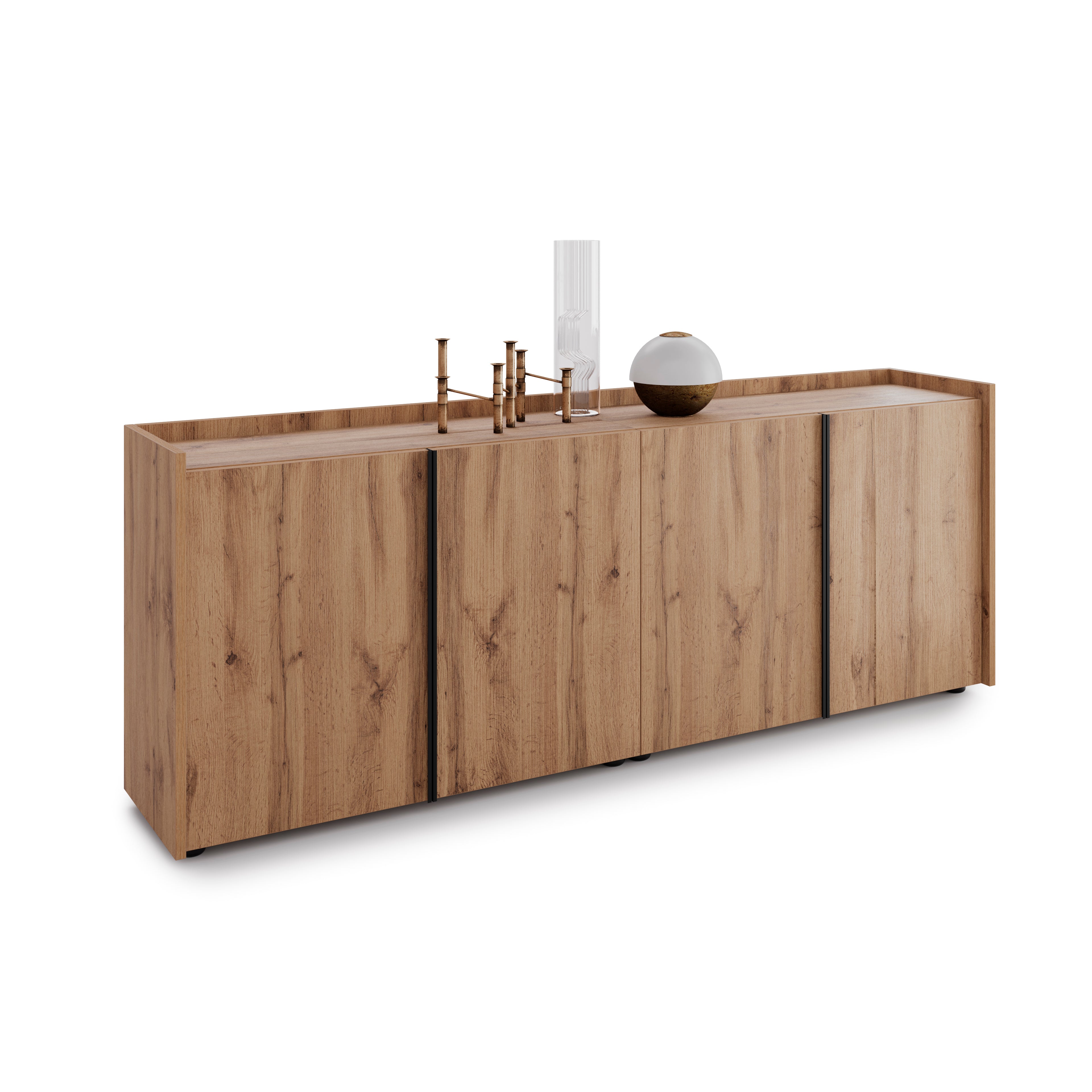 Romina Low Sideboard (72.28x14.17x27.55 in), 4 Doors, Rustic Oak - Detail image 2