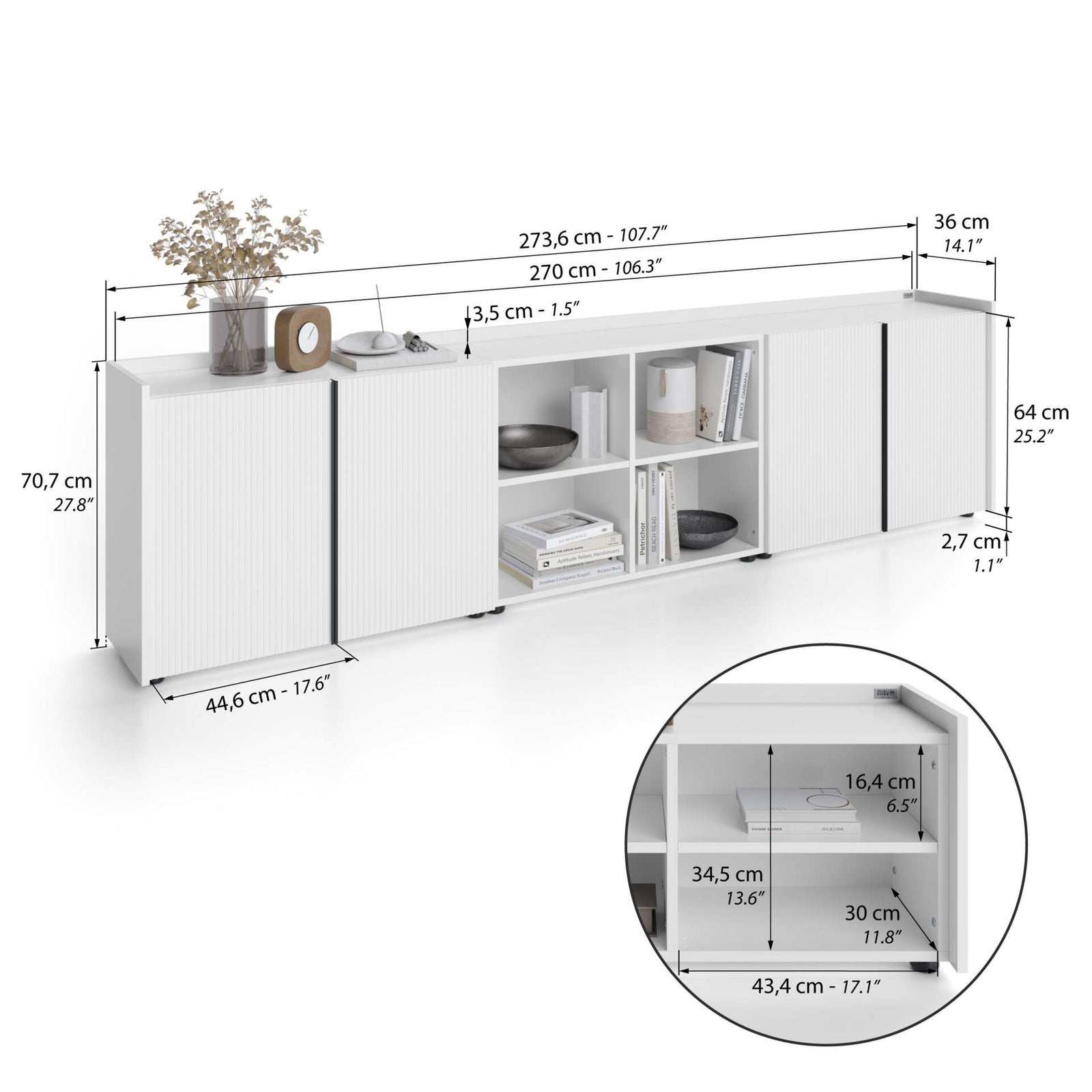 Buffet bas cannelé Romina (273,6x36x70 cm), 4 Portes, Blanc Mat - Immagine tecnica 1