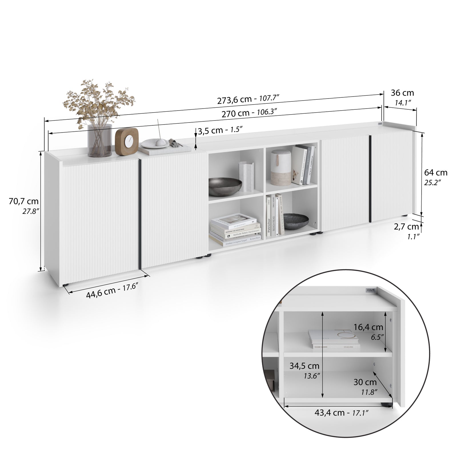 Romina Low Fluted Sideboard (273.6x36x70 cm), 4 Doors, Opaque White - Immagine tecnica 1