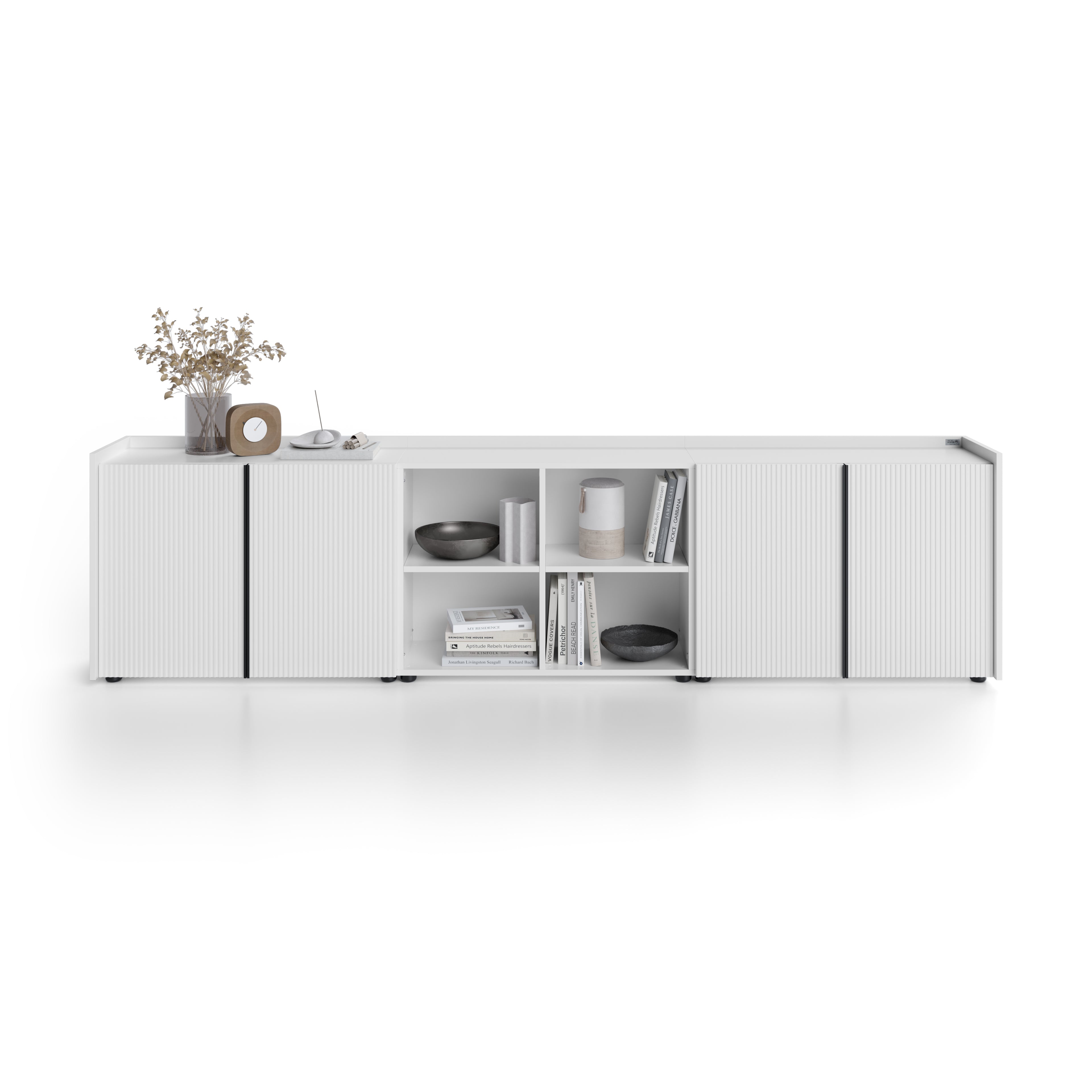 Buffet bas cannelé Romina (273,6x36x70 cm), 4 Portes, Blanc Mat