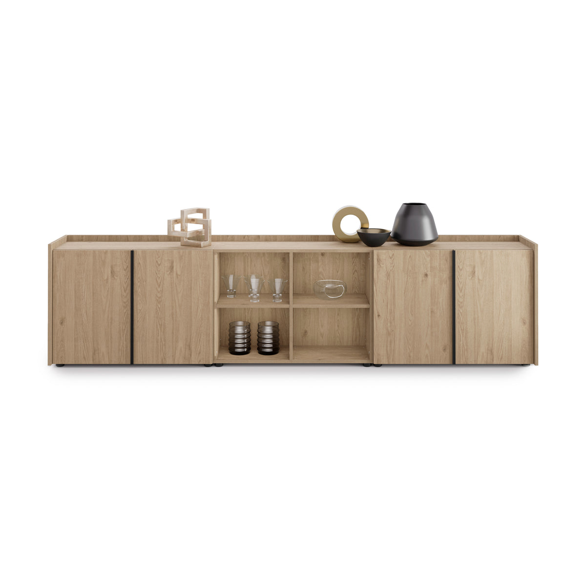 Romina Low Sideboard (273.6x36x70 cm), 4 Doors, Light Oak