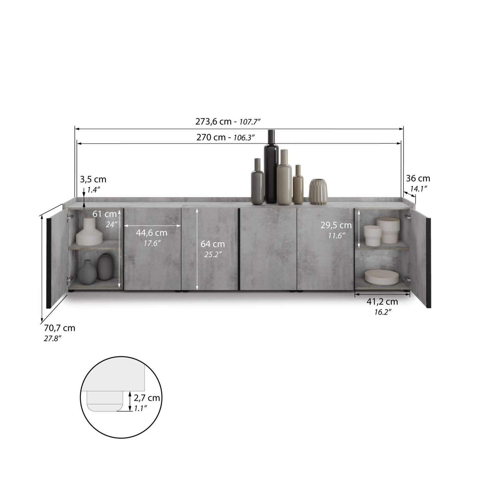 Romina Low Sideboard (273.6x36x70 cm), 6 Doors, Concrete Grey Effect - Immagine tecnica 1
