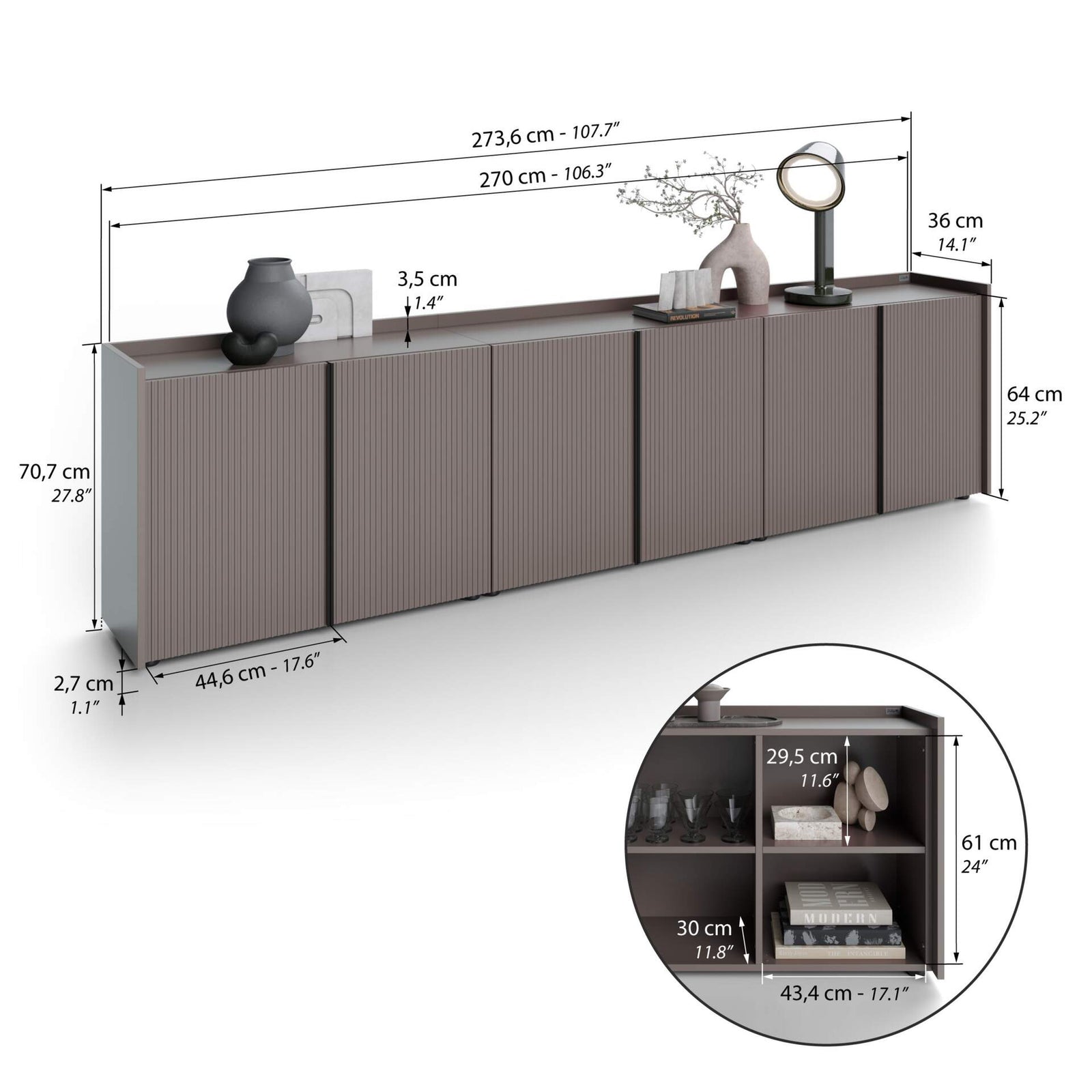 Buffet bas cannelé Romina (273,6x36x70 cm), 6 Portes, Gris Bleuté - Immagine tecnica 1