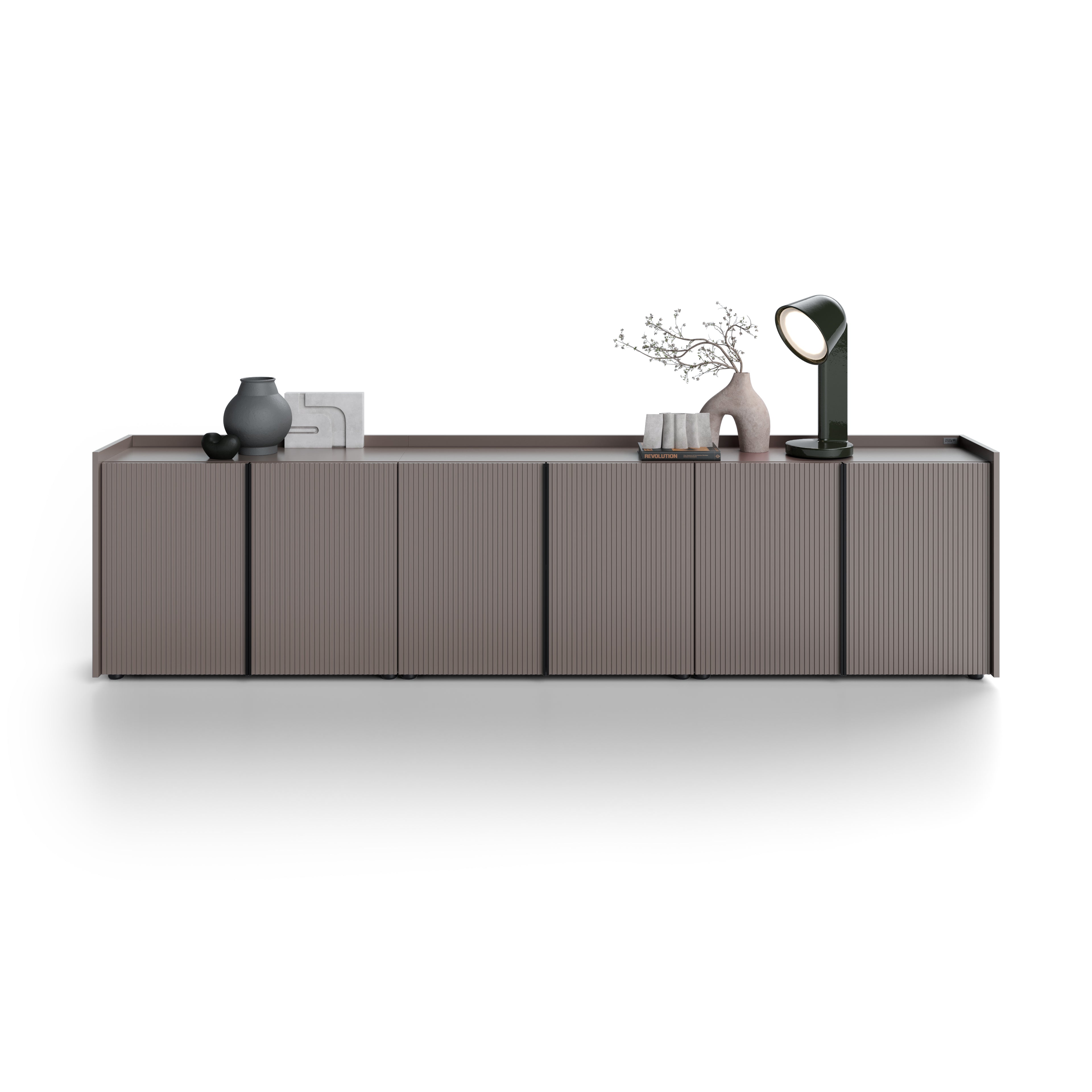Buffet bas cannelé Romina (273,6x36x70 cm), 6 Portes, Gris Bleuté