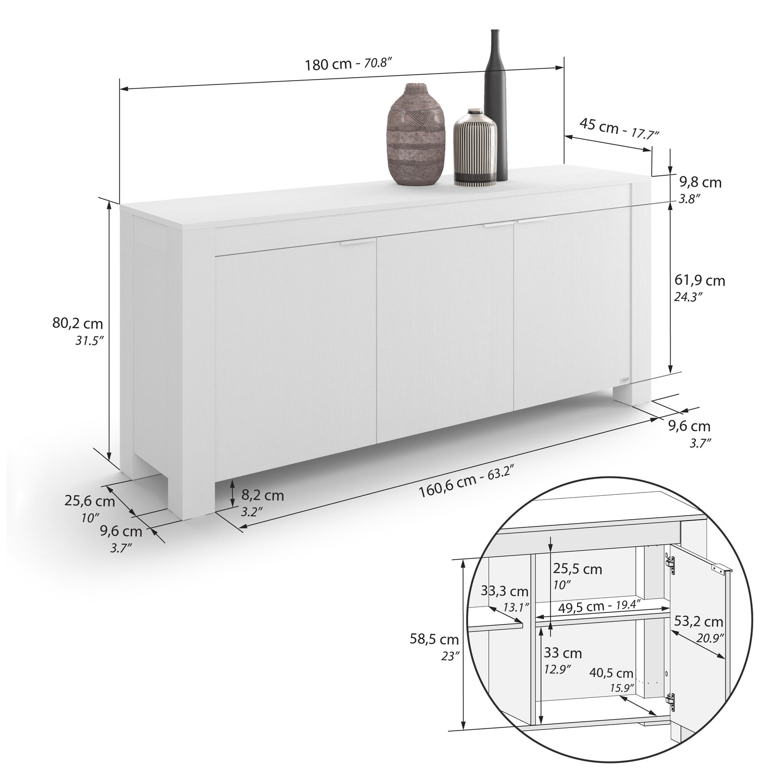 Rachele Low Sideboard with 3 Doors, (180x45x80 cm), Ashwood White - Immagine tecnica 2