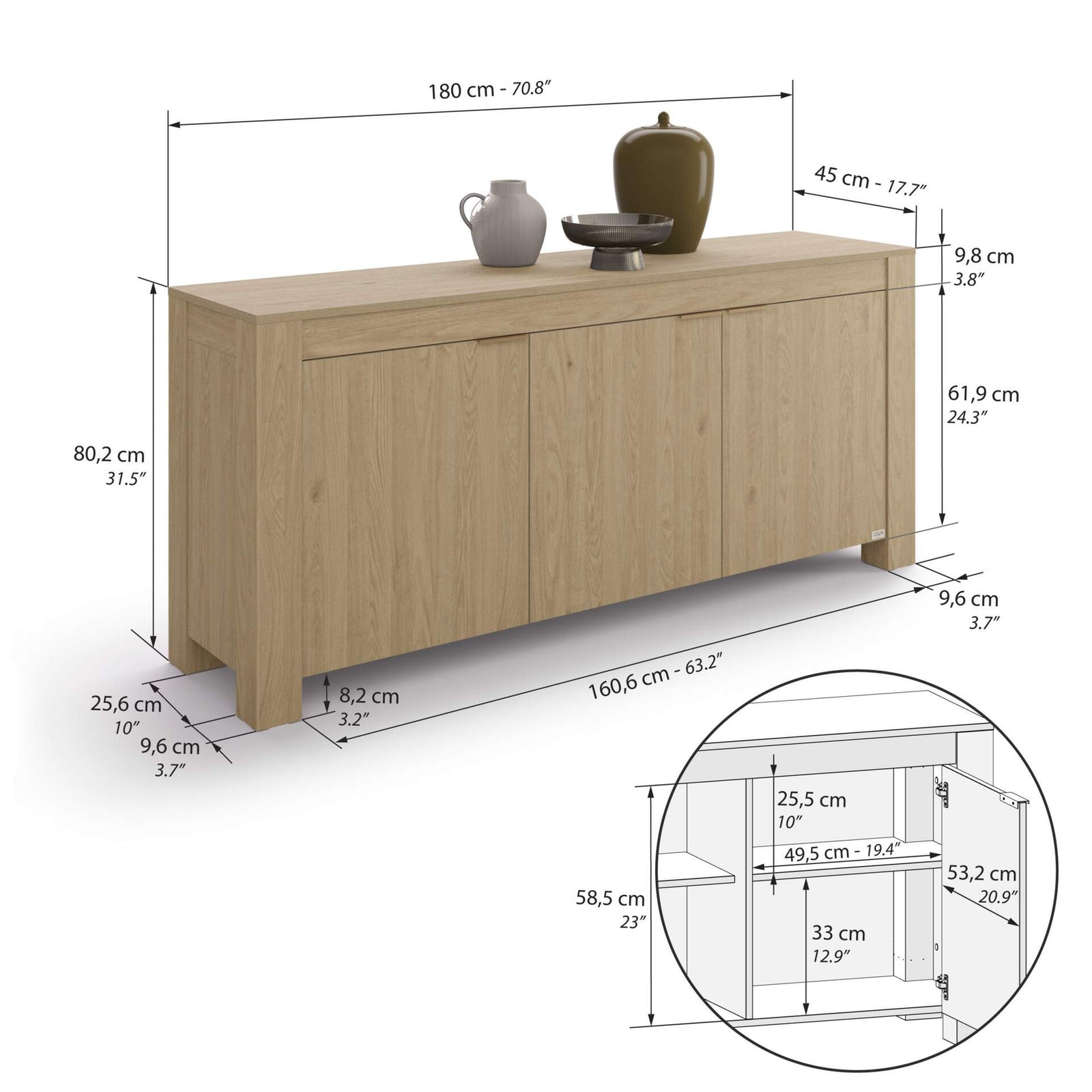 Rachele Low Sideboard with 3 Doors, (71x18x31 in), Light Oak - Immagine tecnica 2