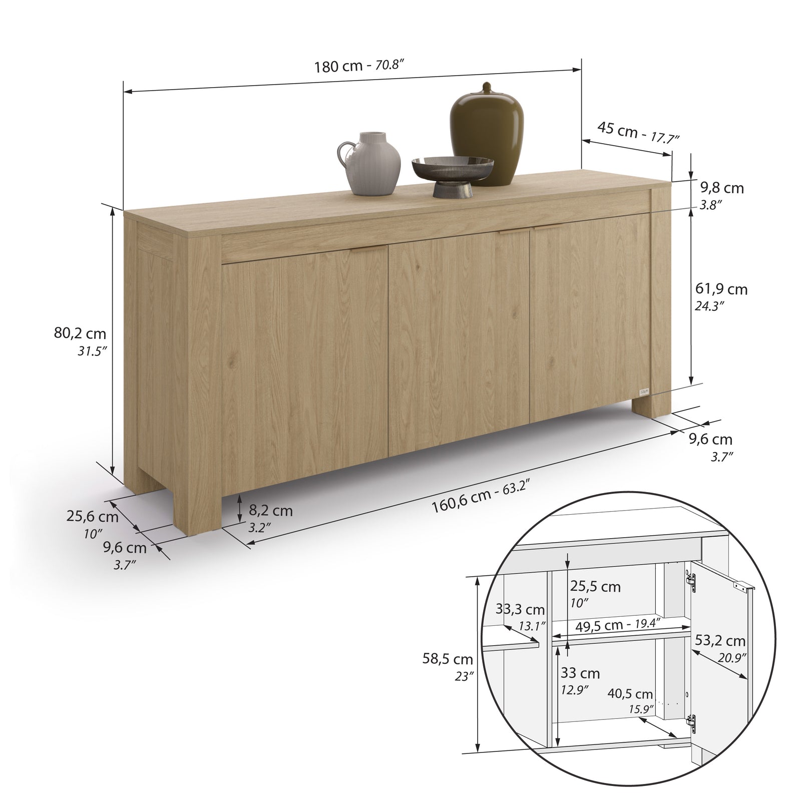 Rachele Low Sideboard with 3 Doors, (180x45x80 cm), Light Oak - Immagine tecnica 2