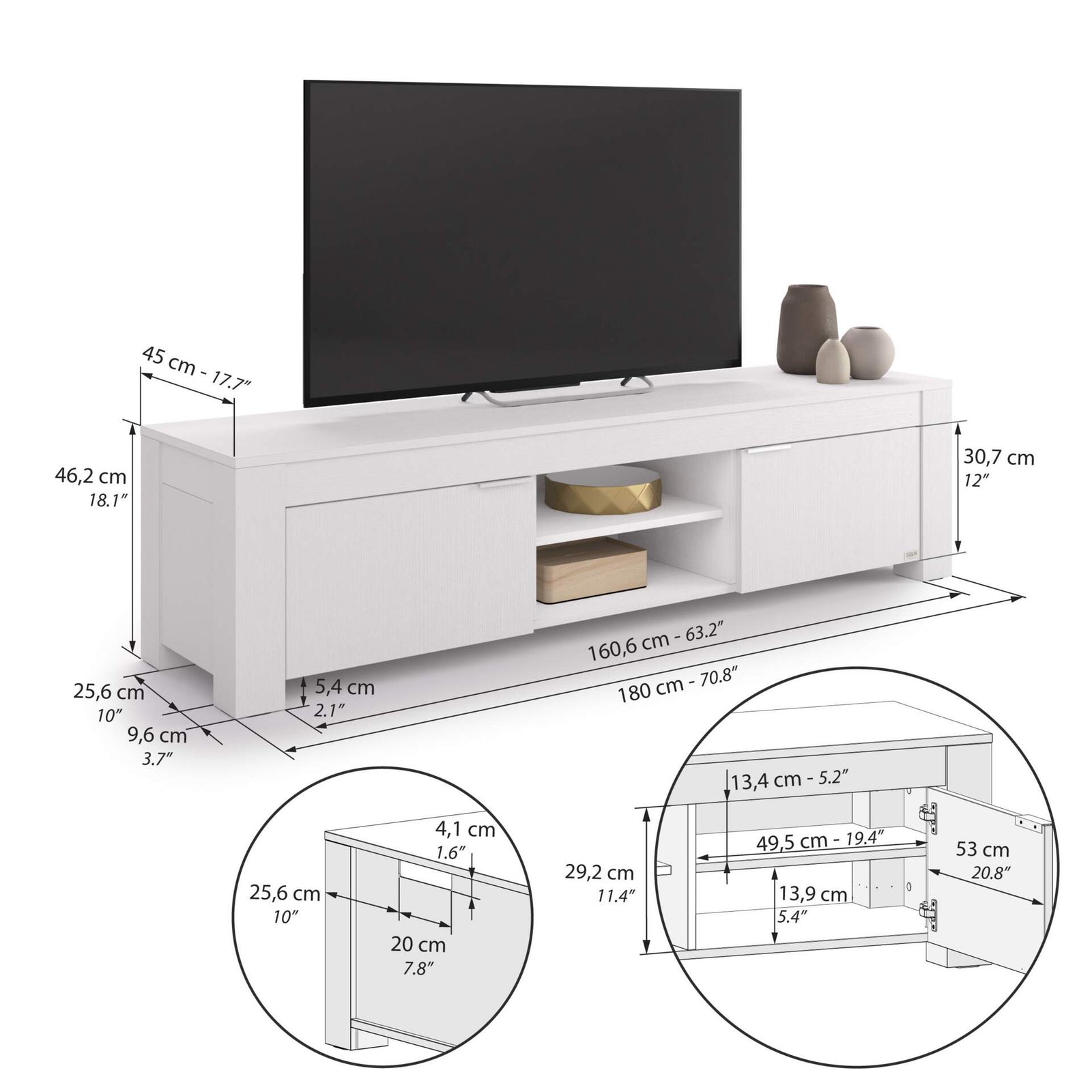 TV Sideboard mit offenem Fach und 2 Türen Rachele (180x45x45,8 cm), Esche Weiß - Immagine tecnica 1