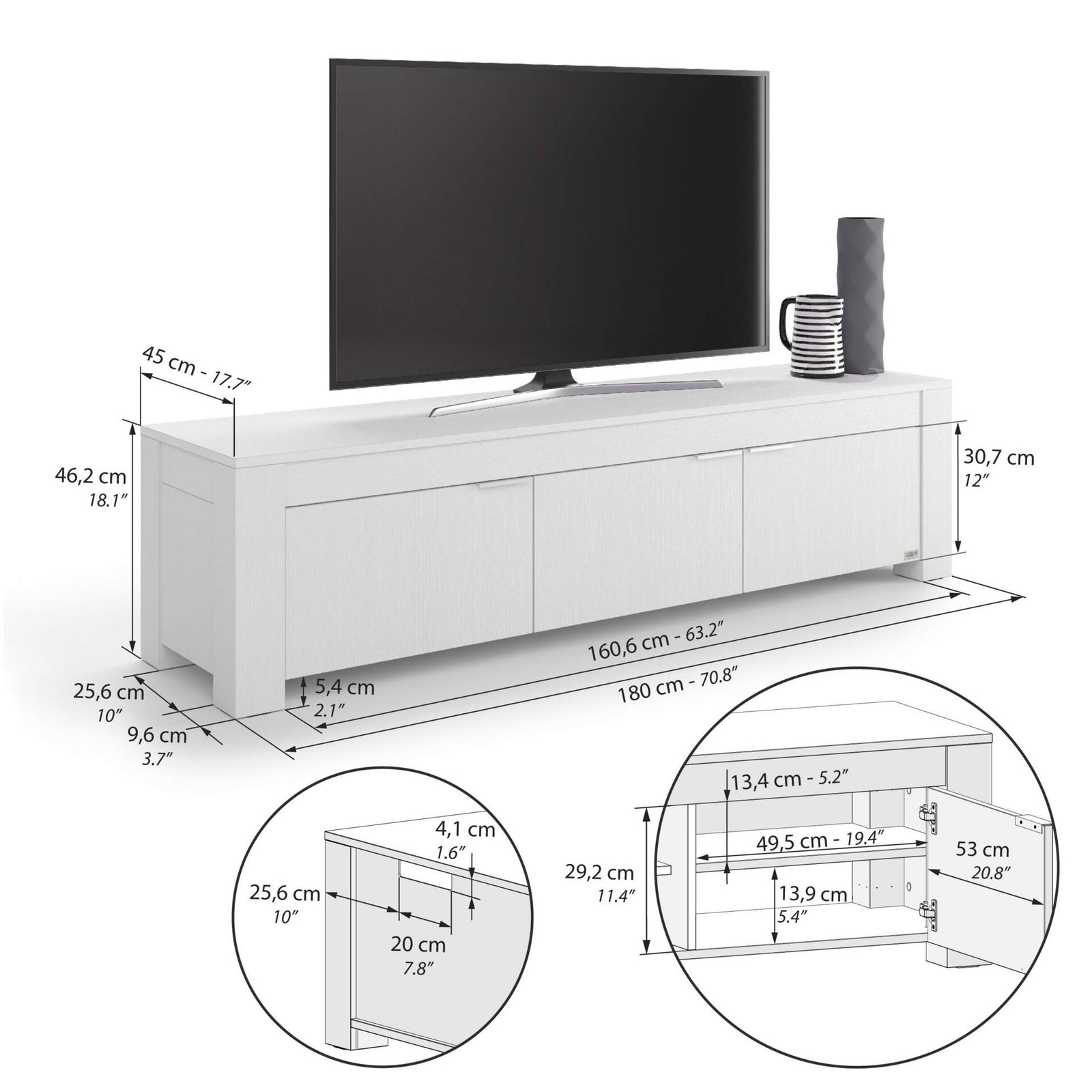 TV Stand with 3 Doors Rachele, (71x18x18 in), Ashwood White - Immagine tecnica 1