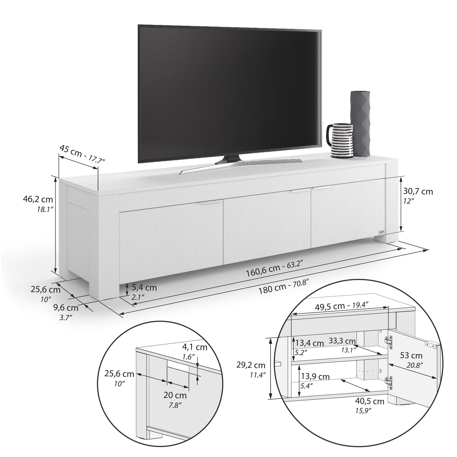 Credenza porta Tv con 3 ante Rachele, (180x45x45,8 cm), Bianco Frassino - Immagine tecnica 1
