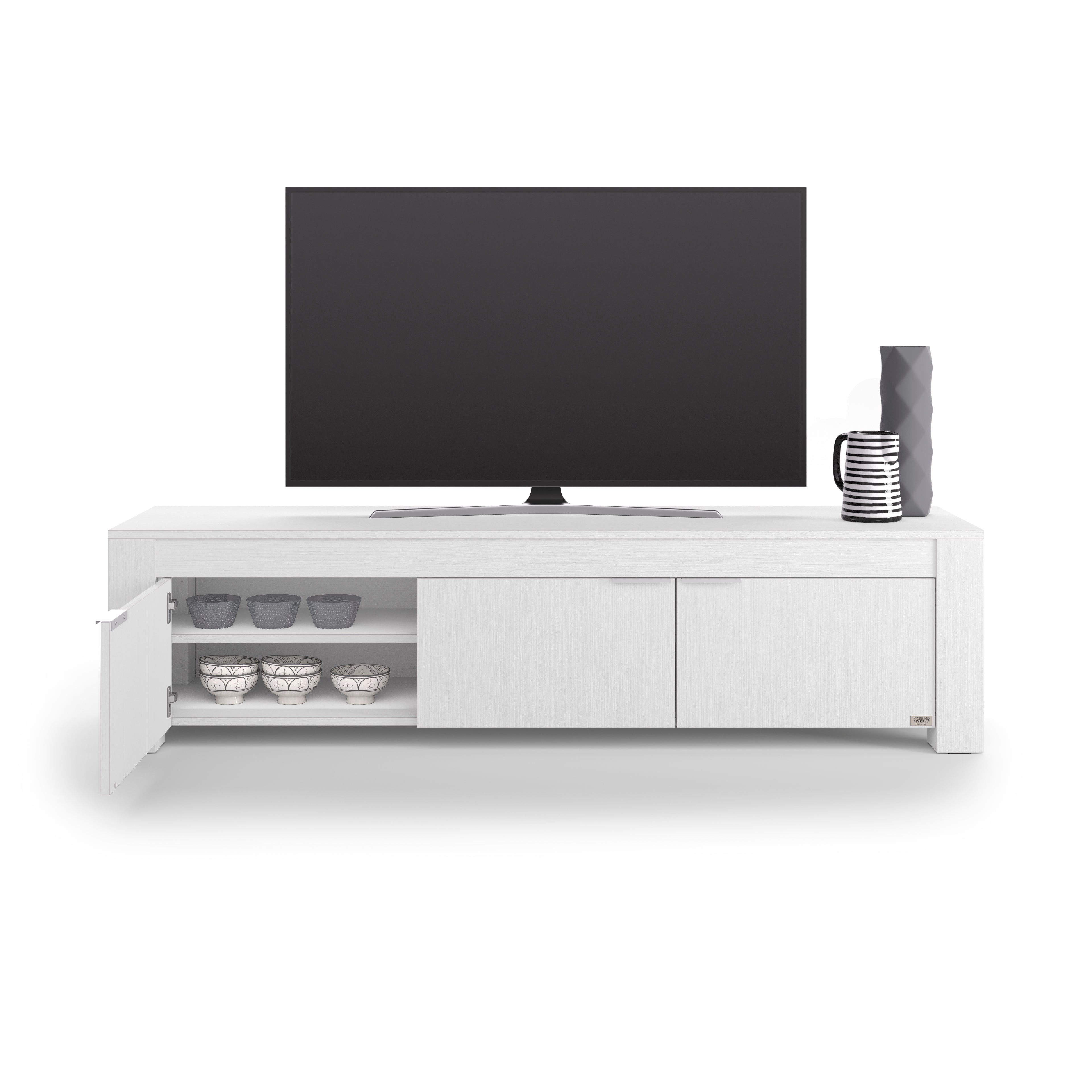 Meuble TV 3 portes Rachele, (180x45x45,8 cm), Frêne Blanc