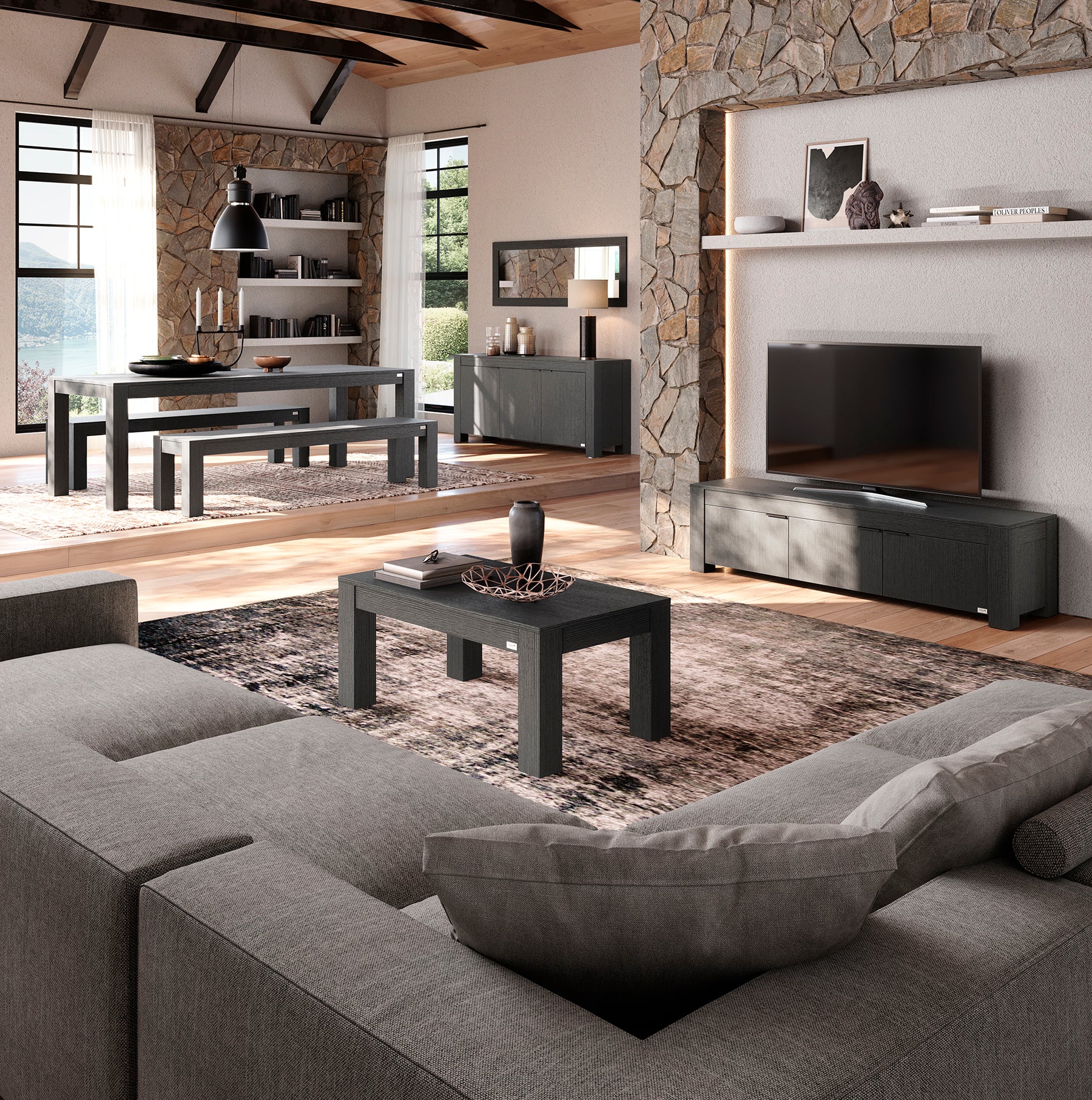TV Sideboard mit offenem Fach und 2 Türen Rachele (180x45x45,8 cm), Esche Zwart - Set image 1