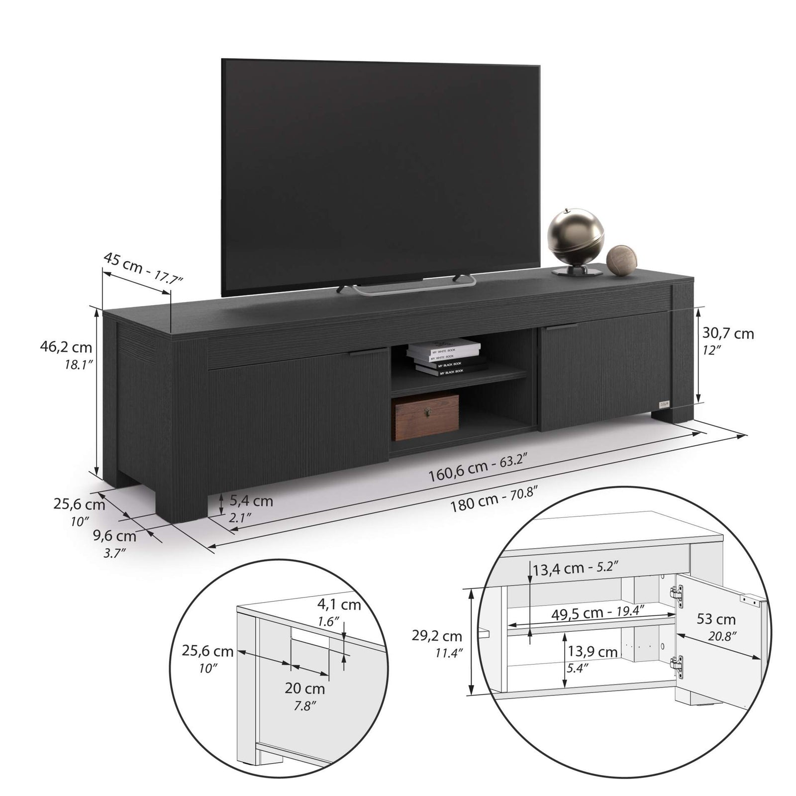 TV Sideboard mit offenem Fach und 2 Türen Rachele (180x45x45,8 cm), Esche Zwart - Immagine tecnica 1