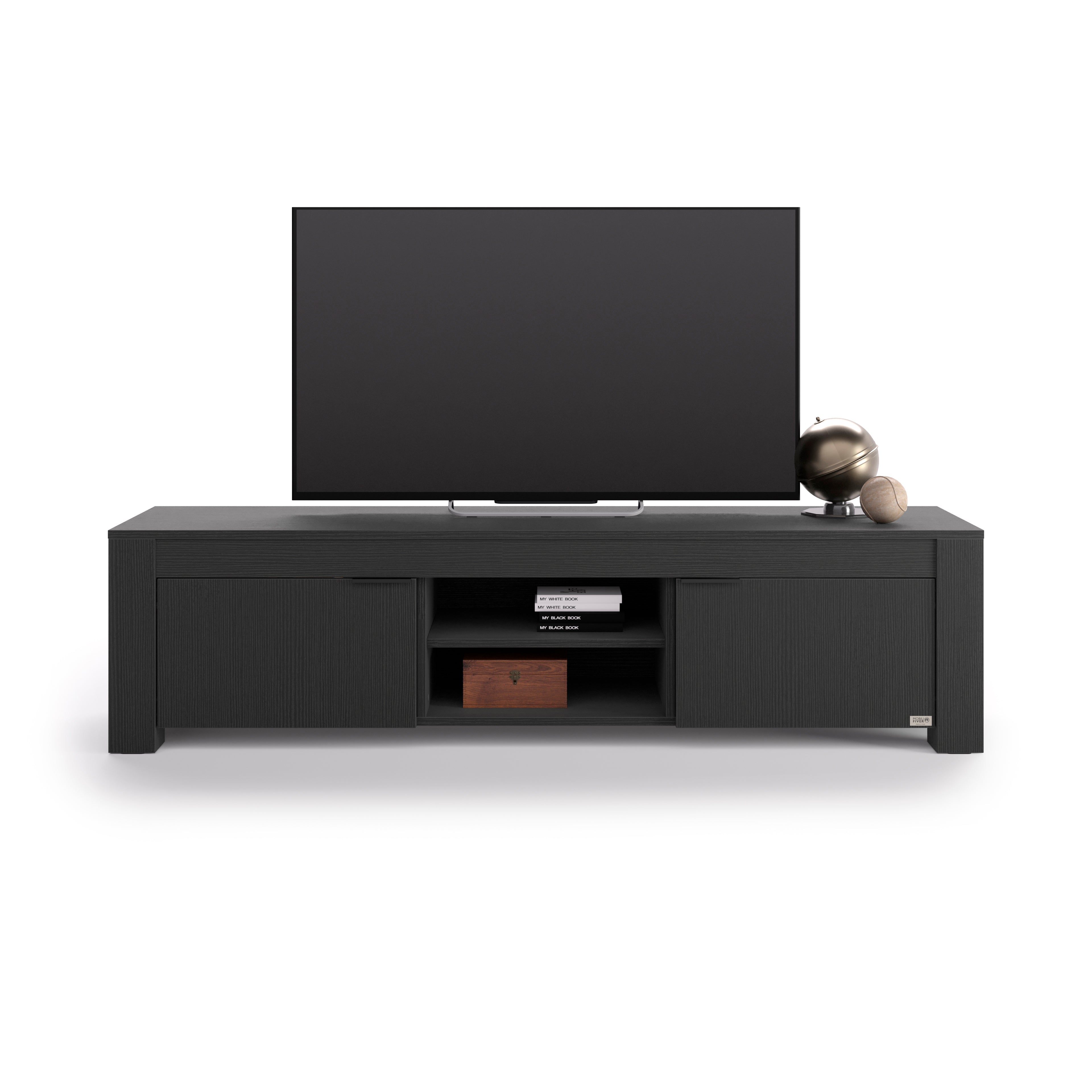 Meuble TV avec niche ouverte et 2 portes Rachele, (180x45x45,8 cm), Frêne Noir