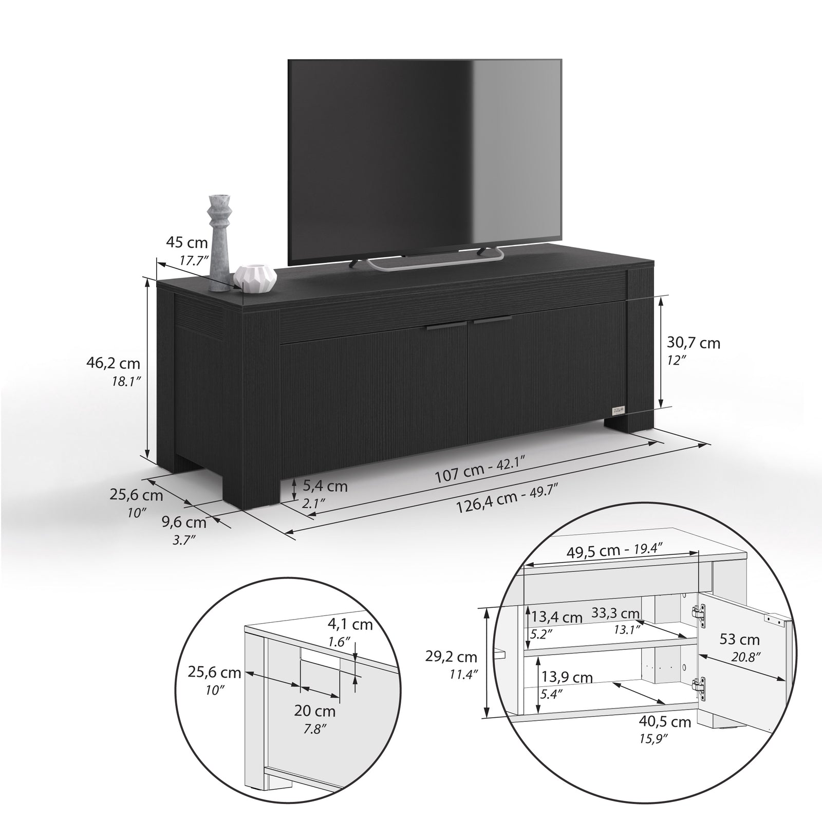 Mueble bajo TV con 2 puertas Rachele, (126,5x45x45,8 cm), Fresno Negro - Immagine tecnica 1