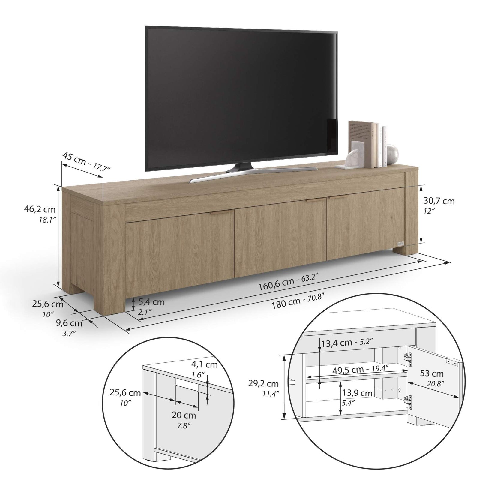 TV Stand with 3 Doors Rachele, (71x18x18 in), Light Oak - Immagine tecnica 1