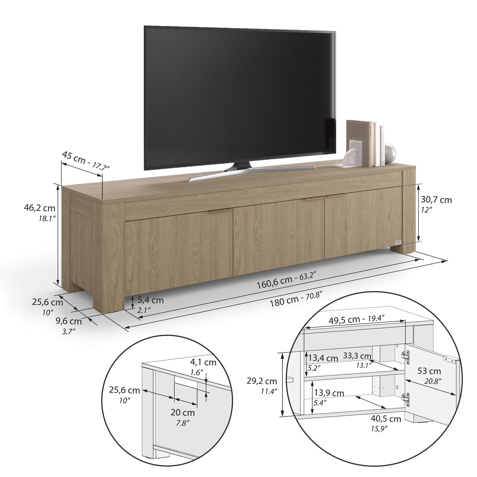 TV Sideboard mit 3 Türen Rachele (180x45x45,8 cm), Wildeiche - Immagine tecnica 1