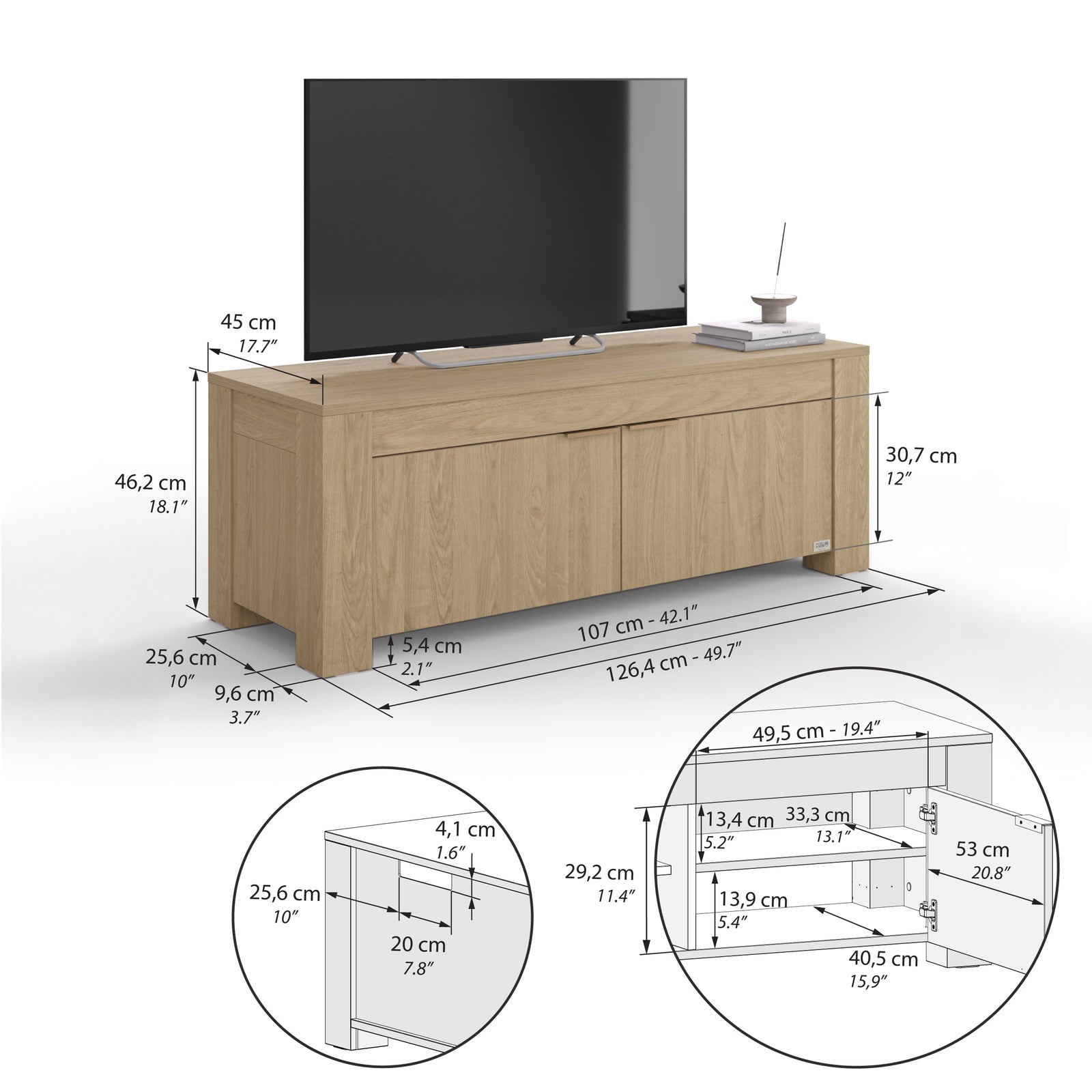 TV Sideboard mit 2 Türen Rachele (126,5x45x45,8 cm), Wildeiche - Immagine tecnica 1