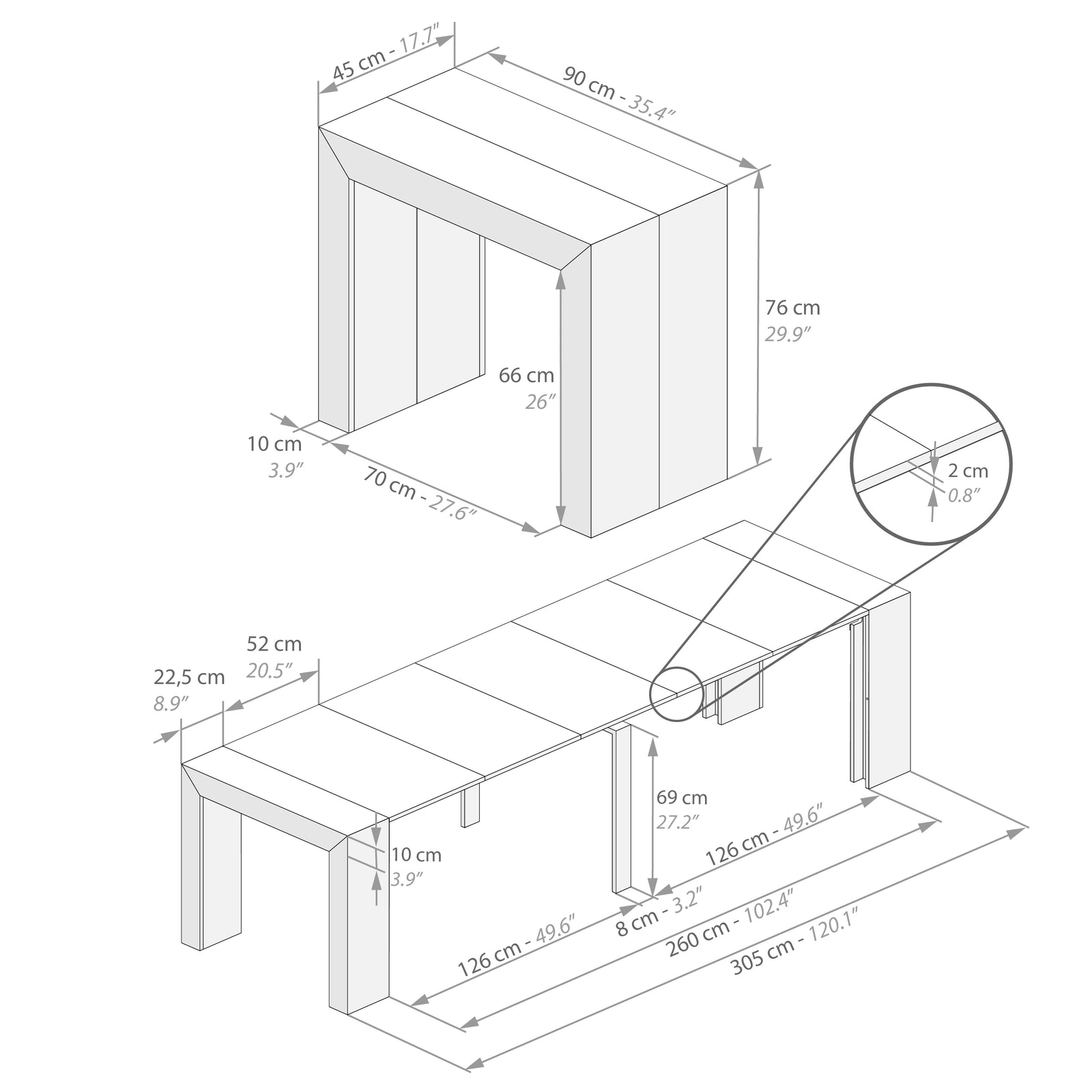 Table Console Extensible Angelica, 45(305)x90 cm, Frêne Blanc - Immagine tecnica 1