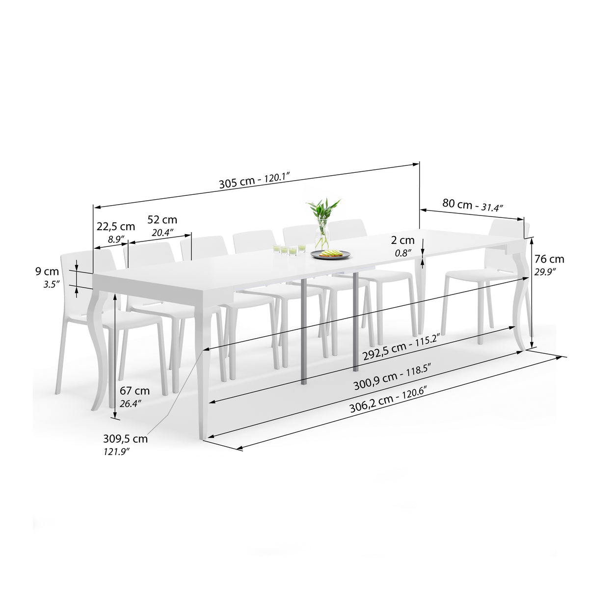 Classico, Extendable Console Table, 45(310)x80 cm, Matte White - Immagine tecnica 2