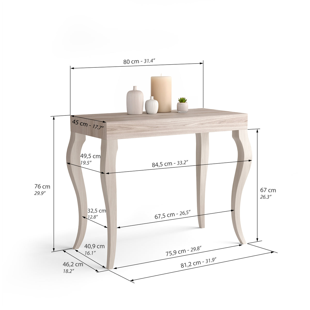 Classico, Extendable Console Table, 45(310)x80 cm, Pearl Elm - Immagine tecnica 2