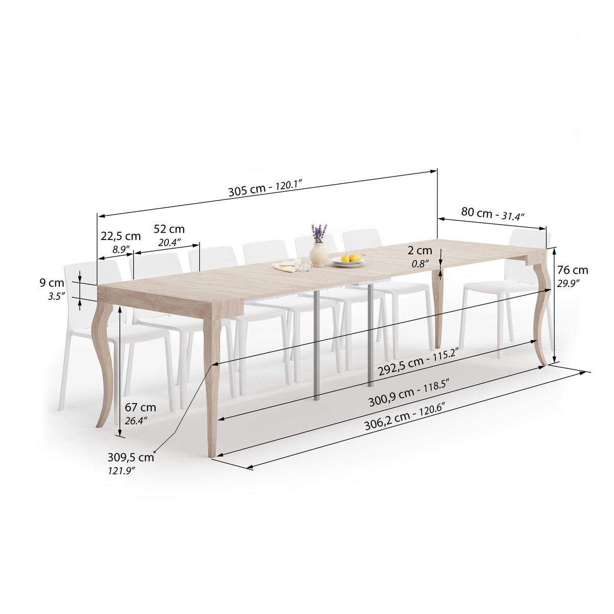 Classico, Extendable Console Table, 45(310)x80 cm, Pearl Elm - Immagine tecnica 1