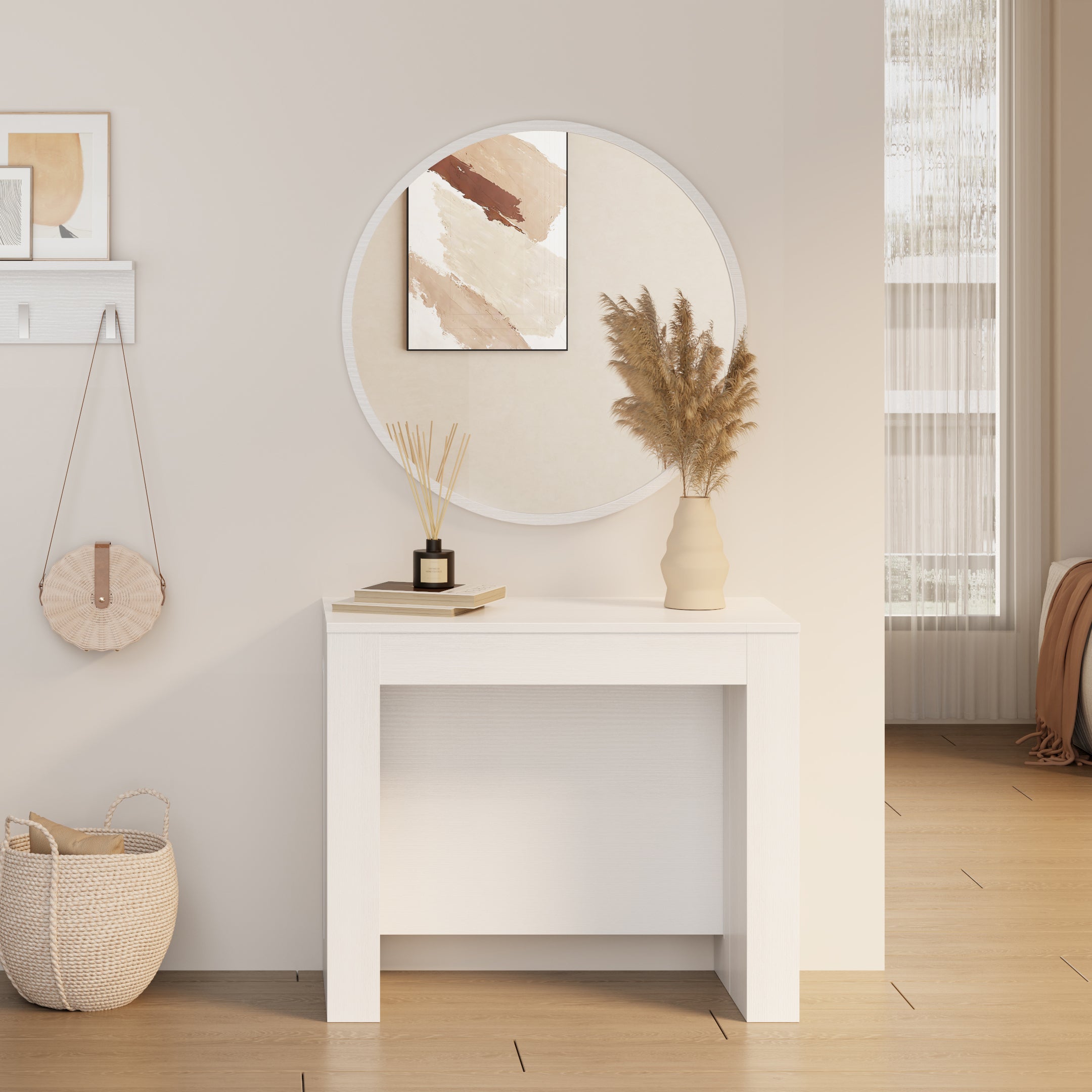 Tavolo Consolle Allungabile con porta prolunghe Easy, 45(305)x 90 cm, Bianco Frassino - Immagine ambientata 4