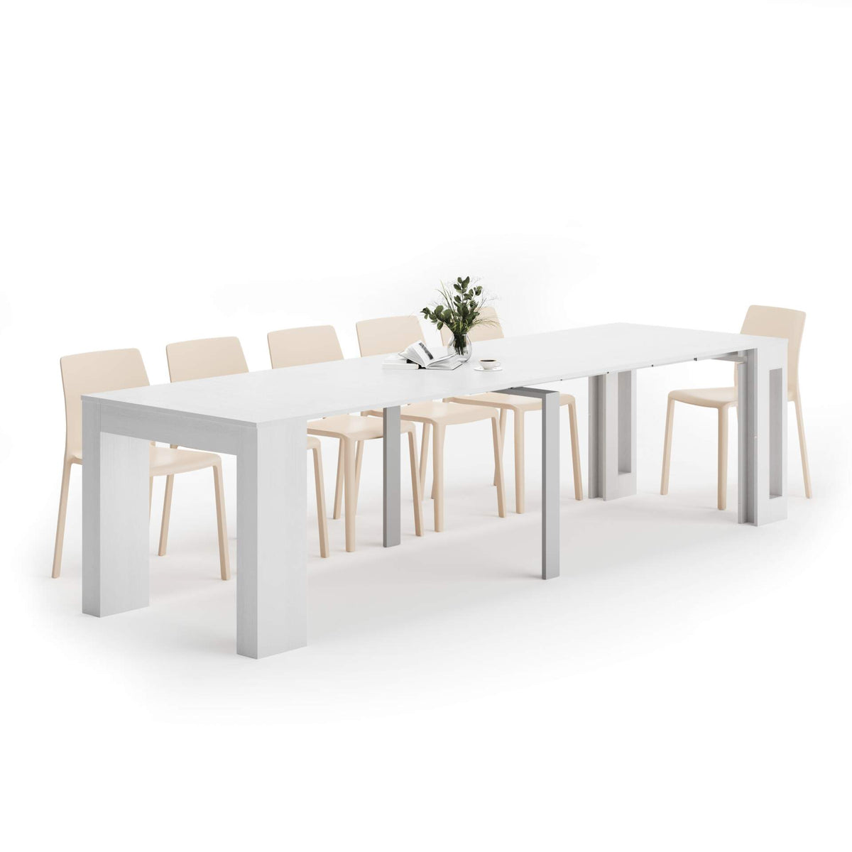 Table Console Extensible avec rallonges intégrées, Easy, 45(305)x 90 cm, Frêne Blanc