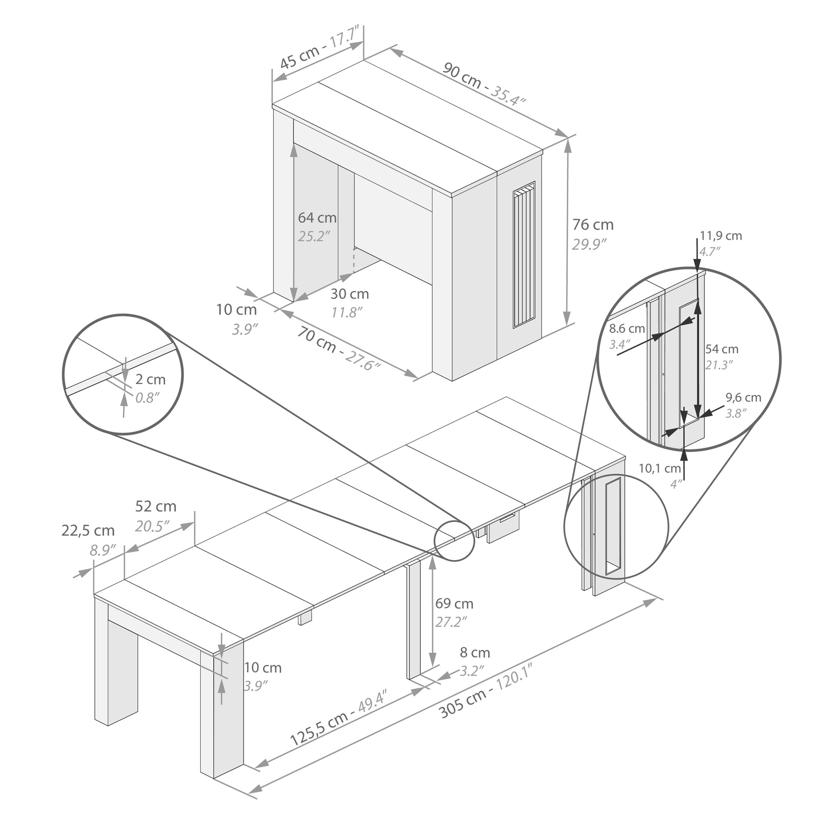 Ausziehbarer Konsolentisch Easy mit Halterung für Verlängerungsplatten, 45(305)x 90 cm, Eiche - Immagine tecnica 1