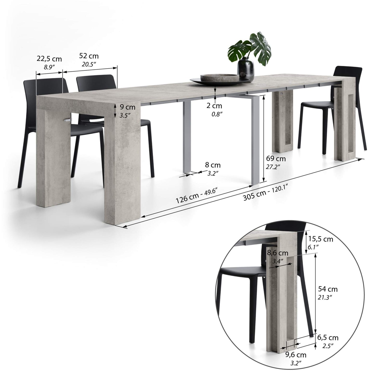 Evolution, ausziehbarer Konsolentisch mit Halterung für Verlängerungsplatten, 45(305)x80 cm, Grauer Beton - Immagine tecnica 2