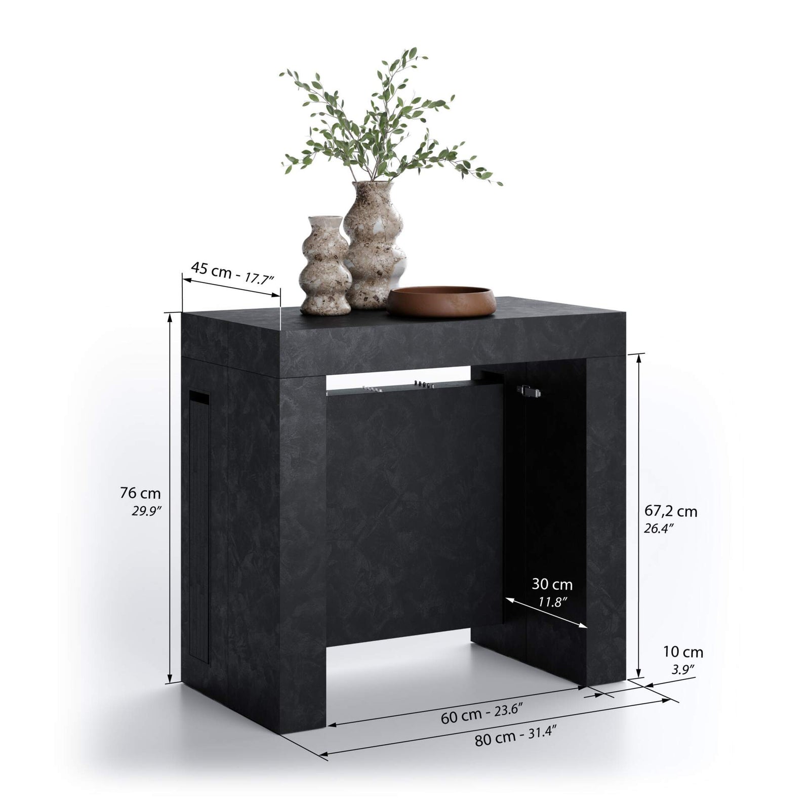 Evolution, ausziehbarer Konsolentisch mit Halterung für Verlängerungsplatten, 45(305)x80 cm, Schwarzer Beton - Immagine tecnica 1