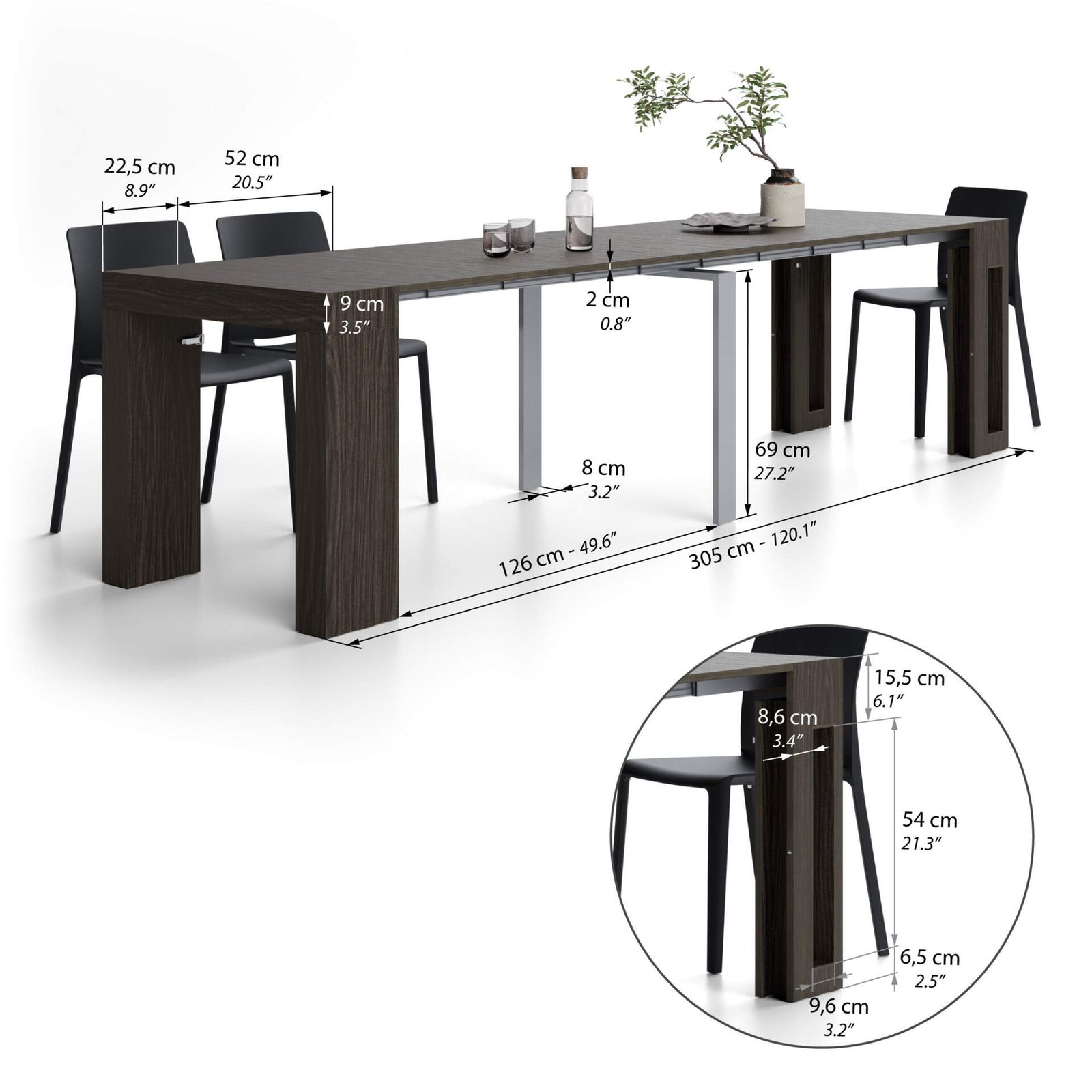 Evolution, ausziehbarer Konsolentisch mit Halterung für Verlängerungsplatten, 45(305)x80 cm, Nussbaum dunkel - Immagine tecnica 2
