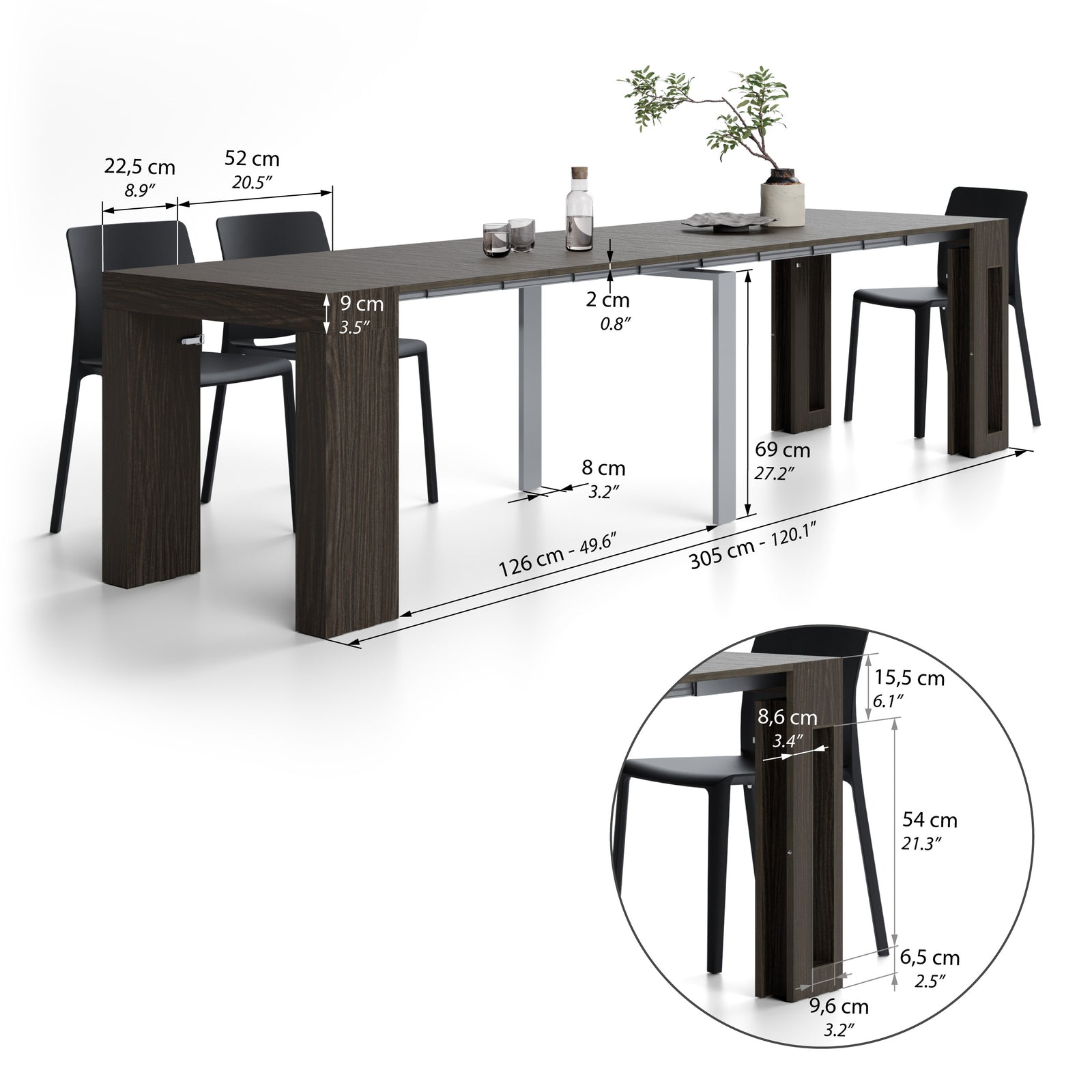 Mesa Consola Extensível com porta-extensões Evolution 45(305)x80 cm, Nogueira Escuro - Immagine tecnica 2