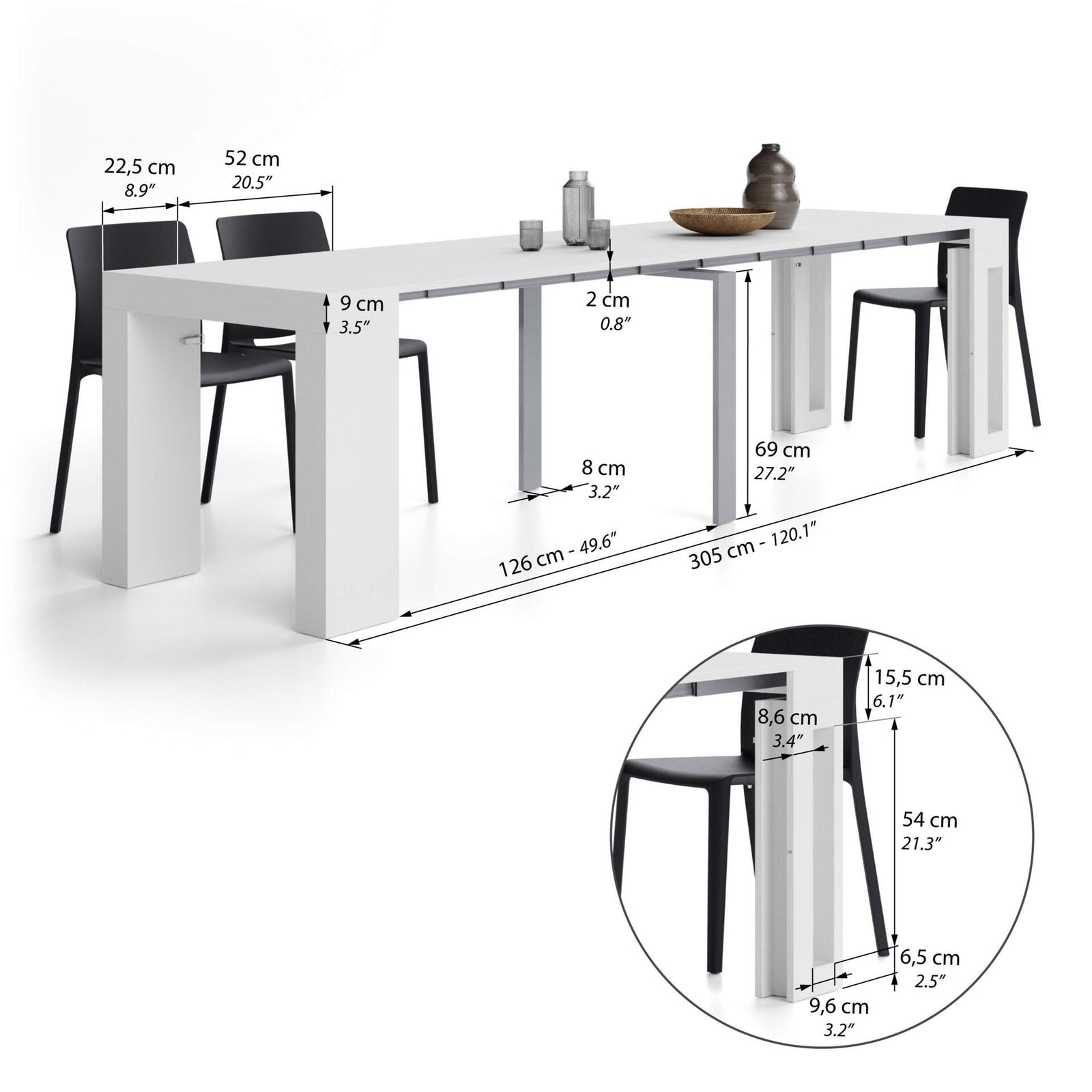 Evolution, ausziehbarer Konsolentisch mit Halterung für Verlängerungsplatten, 45(305)x80 cm, Esche, Weiß - Immagine tecnica 2
