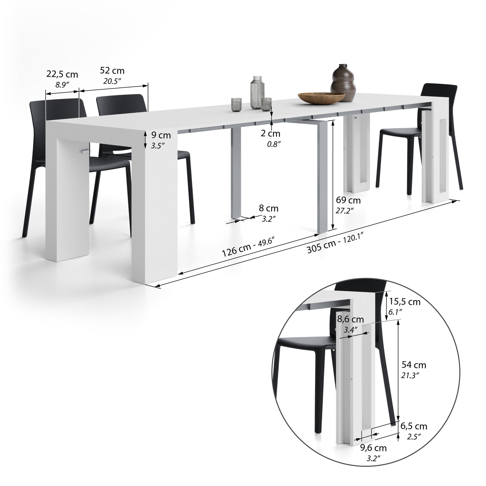 Uitschuifbare Consoletafel met eenvoudige verlengstukhouder Evolution, 45(305)x80 cm, Wit Essen - Immagine tecnica 2