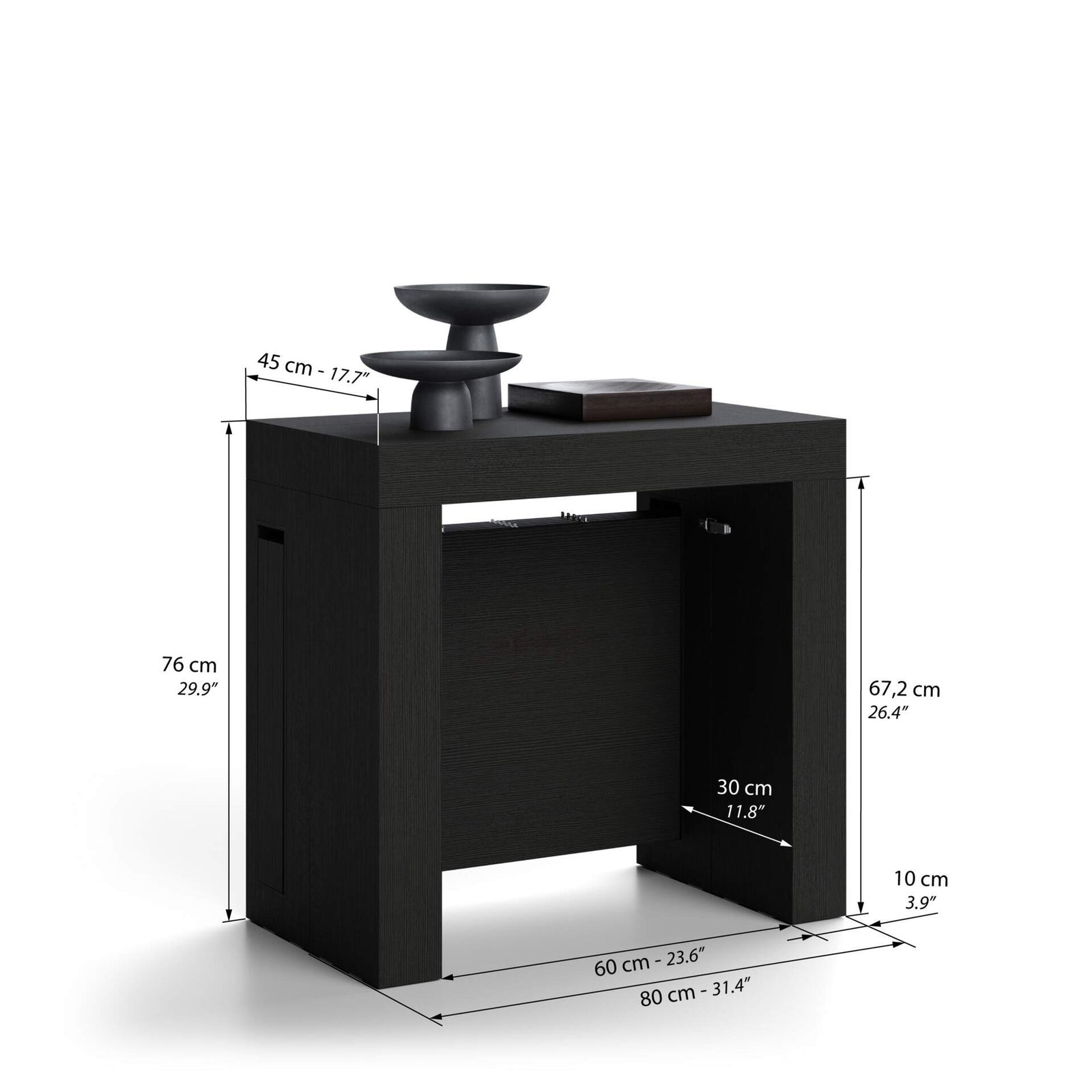 Evolution, Extendable Console Table with extension leaves holder 45(305)x80 cm, Ashwood Black - Immagine tecnica 1