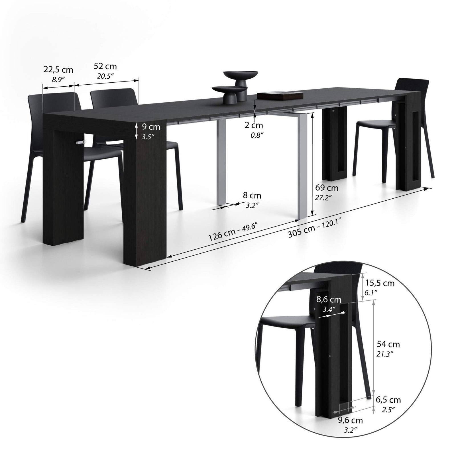 Evolution, Extendable Console Table with extension leaves holder 45(305)x80 cm, Ashwood Black - Immagine tecnica 2